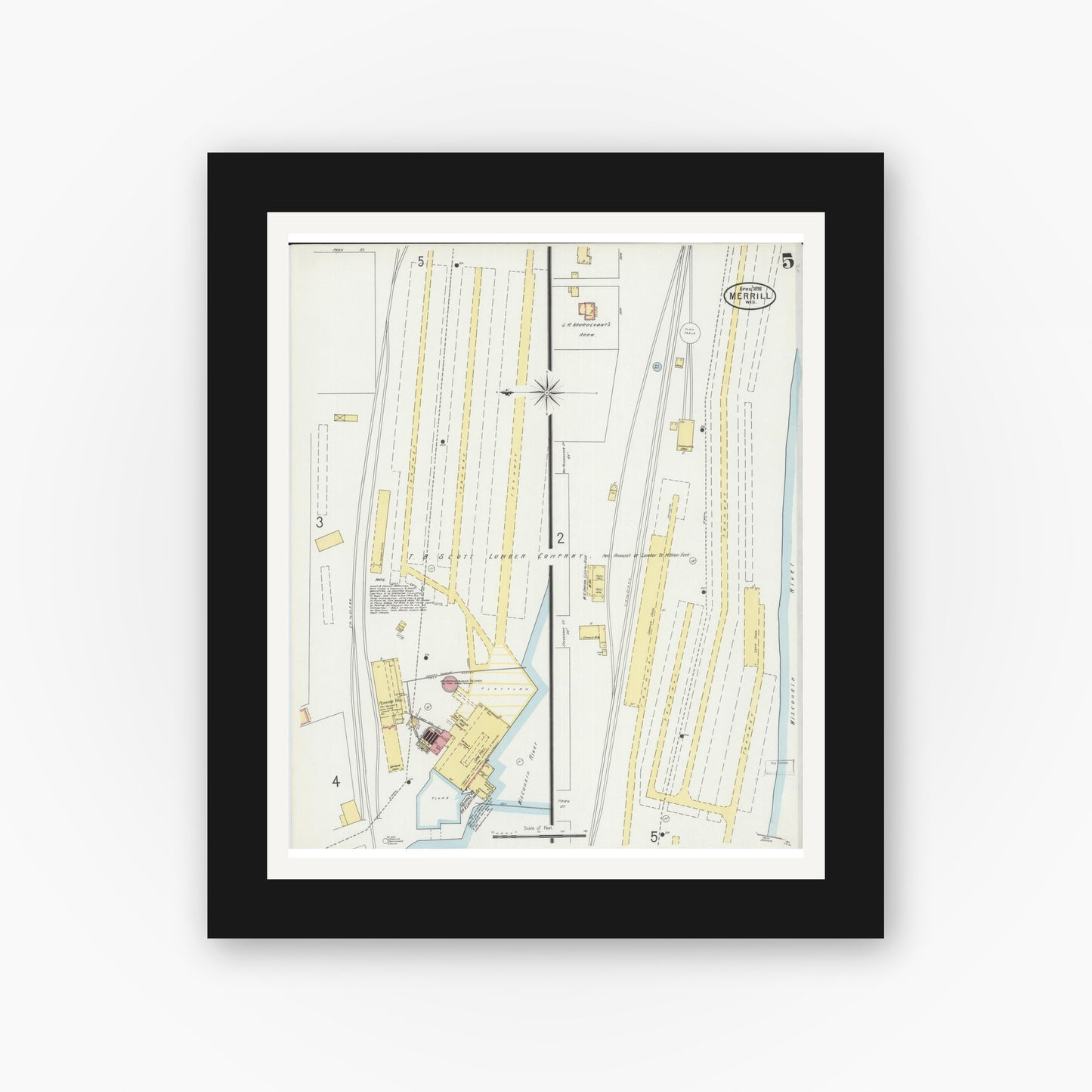 Old map wall art mockup — black gallery frame with white mat — Sanborn Fire Insurance Map from Merrill, Lincoln County, Wisconsin (1898), Sheet #0005