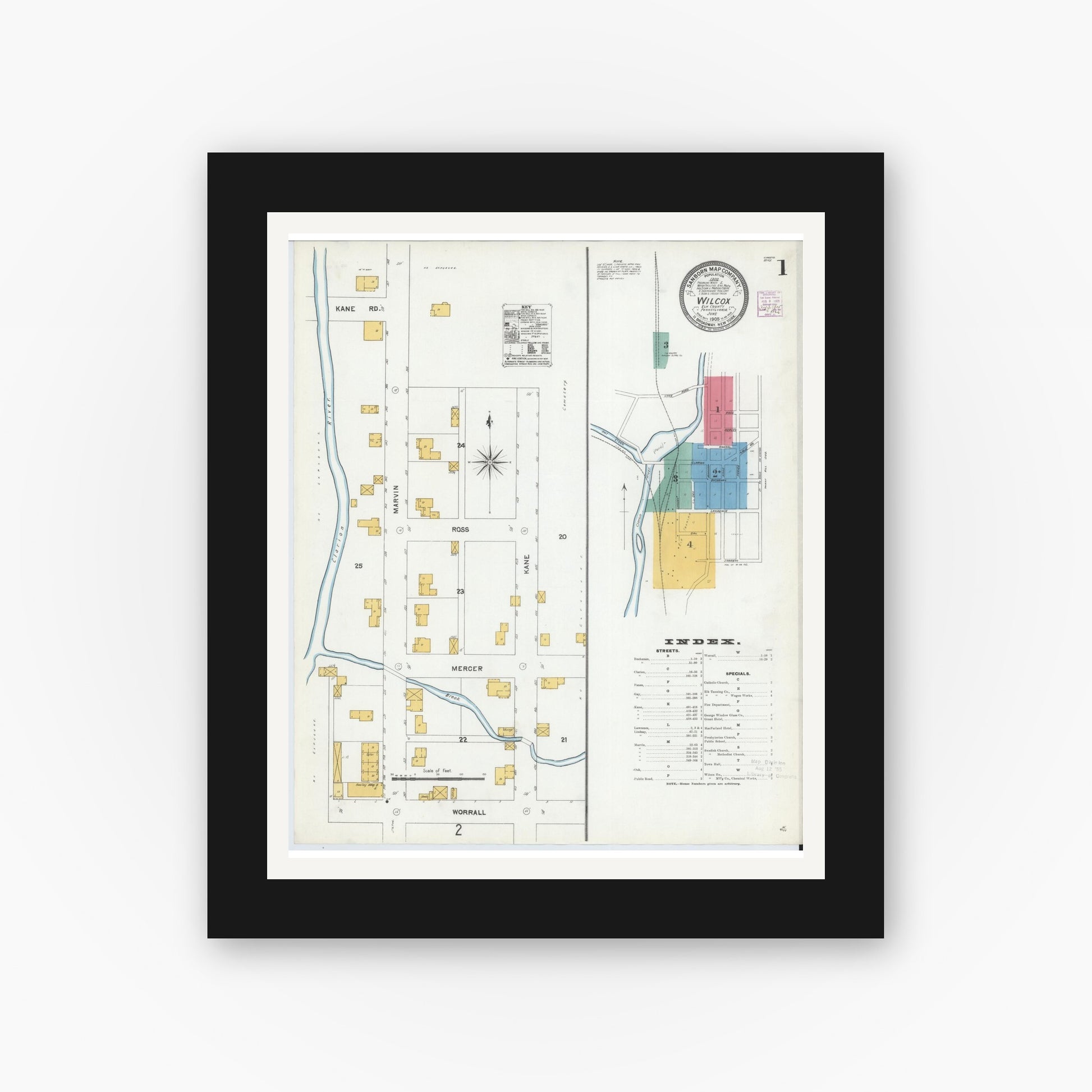 Old map wall art mockup — black gallery frame with white mat — Sanborn Fire Insurance Map from Wilcox, Elk County, Pennsylvania (1905) - Complete Map Set