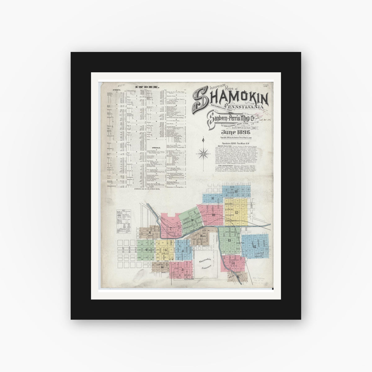 Old map wall art mockup — black gallery frame with white mat — Sanborn Fire Insurance Map from Shamokin, Northumberland County, Pennsylvania (1896) - Complete Map Set