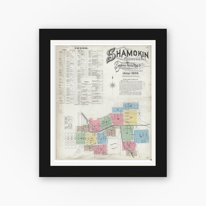 Old map wall art mockup — black gallery frame with white mat — Sanborn Fire Insurance Map from Shamokin, Northumberland County, Pennsylvania (1896) - Complete Map Set