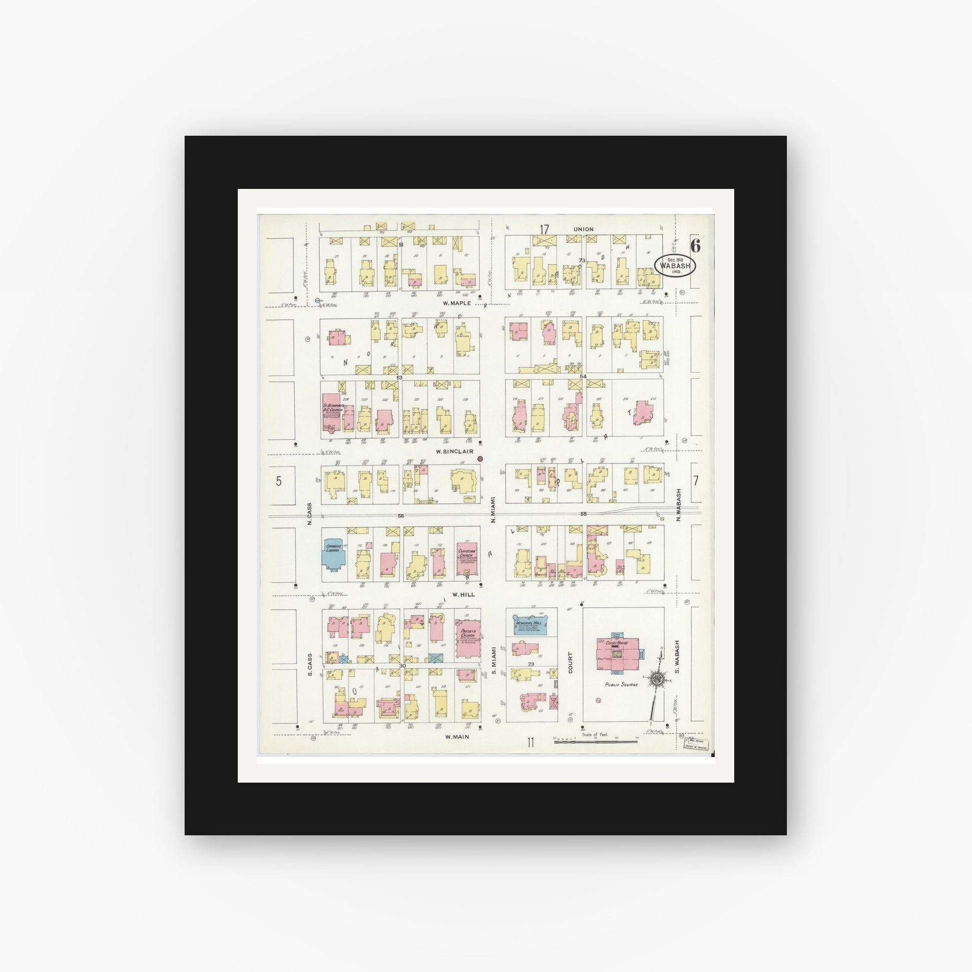 Old map wall art mockup — black gallery frame with white mat — Sanborn Fire Insurance Map from Wabash, Wabash County, Indiana (1910), Sheet #0006