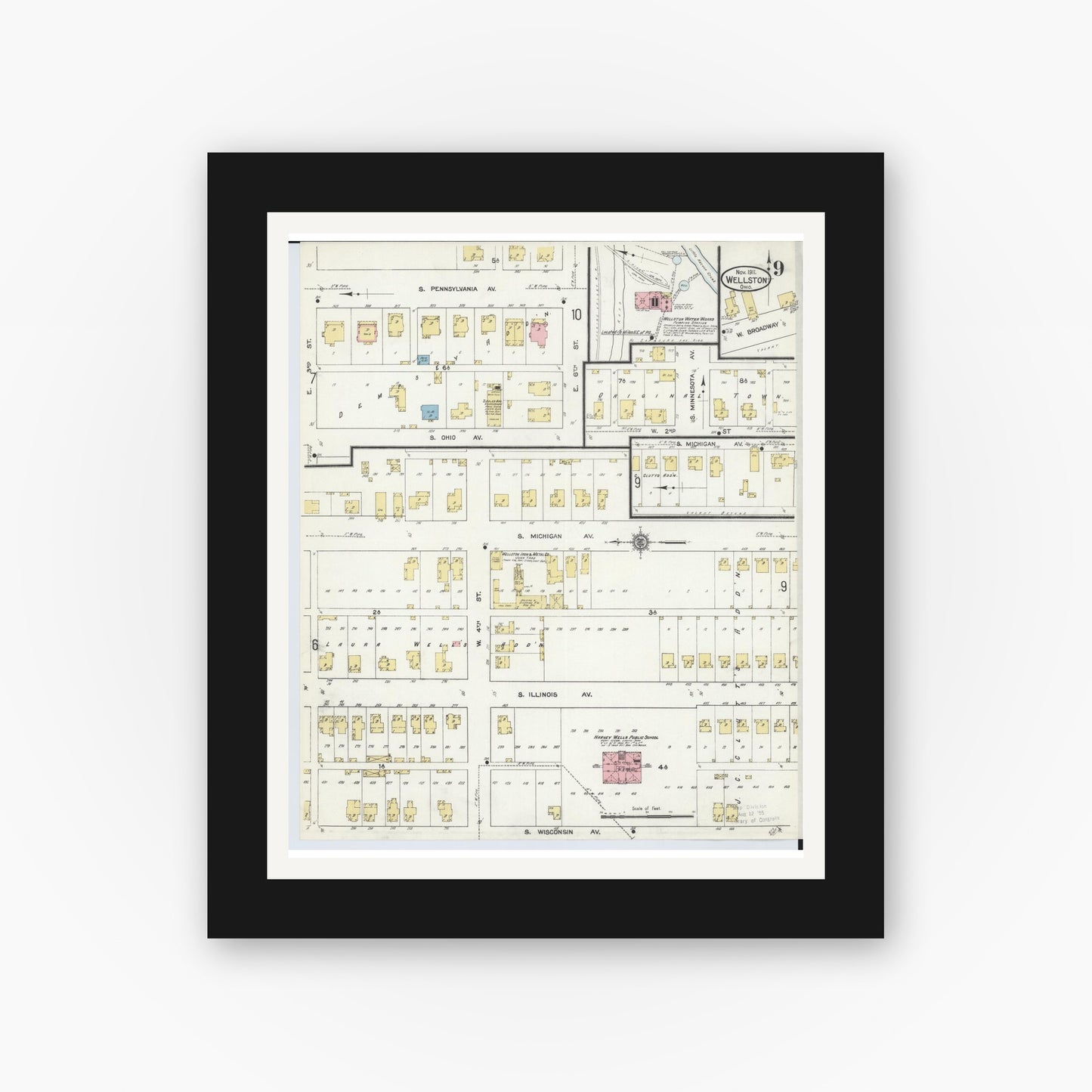 Old map wall art mockup — black gallery frame with white mat — Sanborn Fire Insurance Map from Wellston, Jackson County, Ohio (1911), Sheet #0009