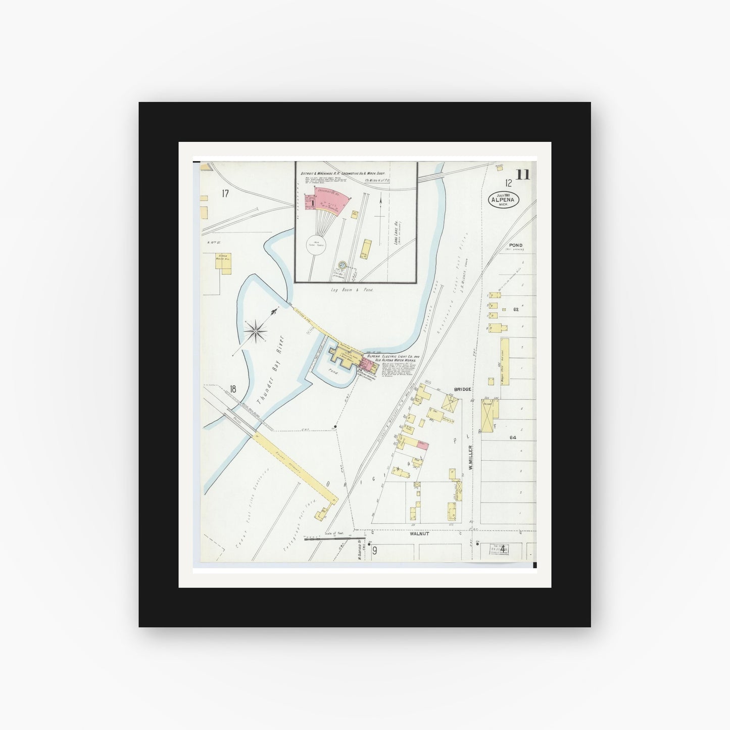 Old map wall art mockup — black gallery frame with white mat — Sanborn Fire Insurance Map from Alpena, Alpena County, Michigan (1901), Sheet #0011
