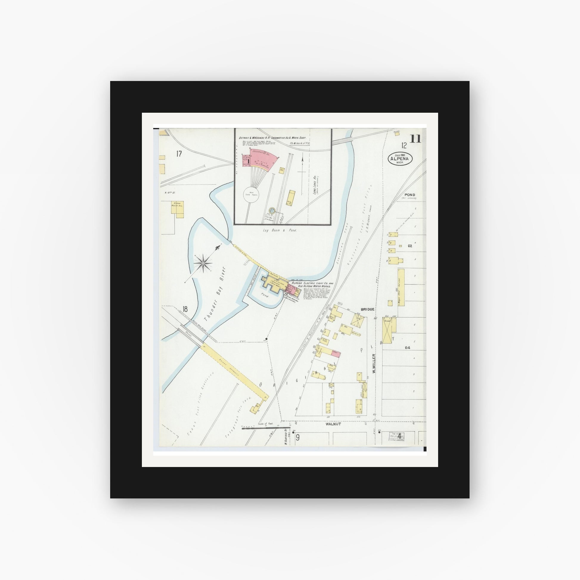 Old map wall art mockup — black gallery frame with white mat — Sanborn Fire Insurance Map from Alpena, Alpena County, Michigan (1901), Sheet #0011