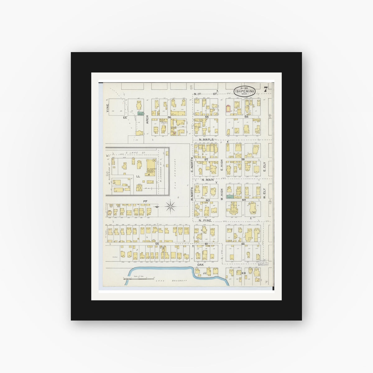 Old map wall art mockup — black gallery frame with white mat — Sanborn Fire Insurance Map from Ishpeming, Marquette County, Michigan (1892), Sheet #0007