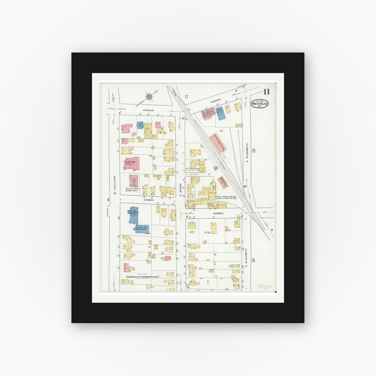 Old map wall art mockup — black gallery frame with white mat — Sanborn Fire Insurance Map from Waterloo, Seneca County, New York (1918), Sheet #0011