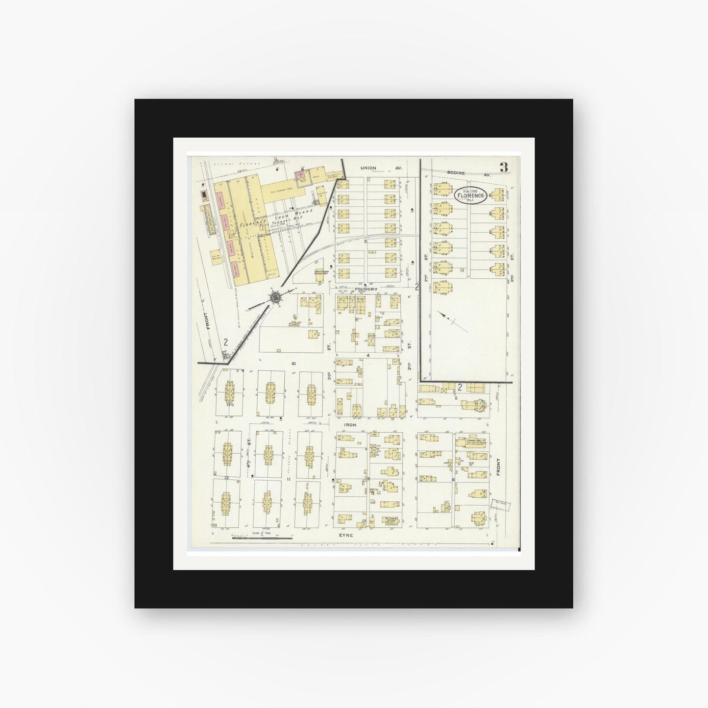 Old map wall art mockup — black gallery frame with white mat — Sanborn Fire Insurance Map from Florence, Burlington County, New Jersey (1910), Sheet #0003