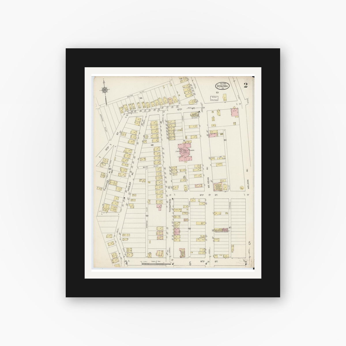 Old map wall art mockup — black gallery frame with white mat — Sanborn Fire Insurance Map from Donora, Washington County, Pennsylvania (1914), Sheet #0002