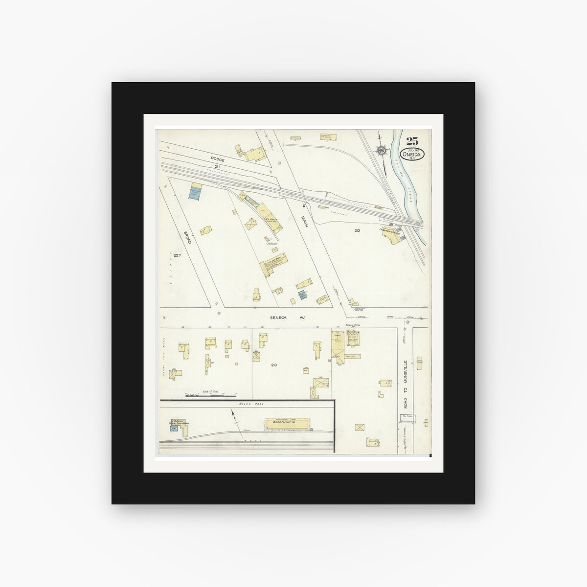 Old map wall art mockup — black gallery frame with white mat — Sanborn Fire Insurance Map from Oneida, Madison County, New York (1914), Sheet #0025