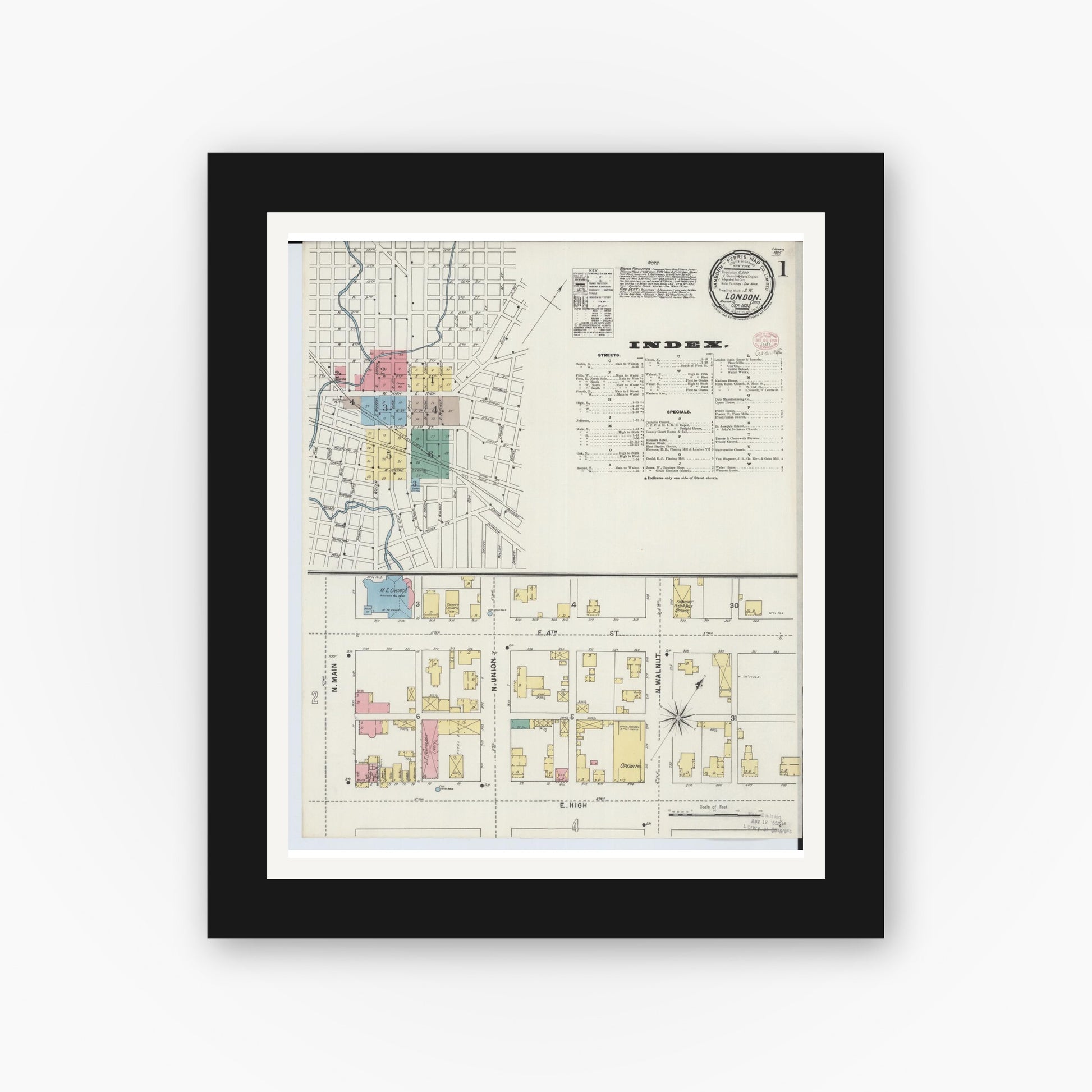 Old map wall art mockup — black gallery frame with white mat — Sanborn Fire Insurance Map from London, Madison County, Ohio (1895), Sheet #0001