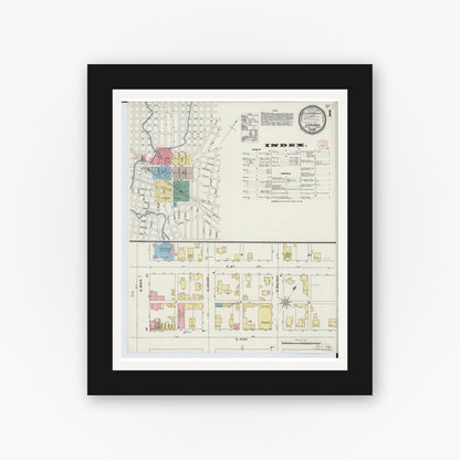 Old map wall art mockup — black gallery frame with white mat — Sanborn Fire Insurance Map from London, Madison County, Ohio (1895), Sheet #0001