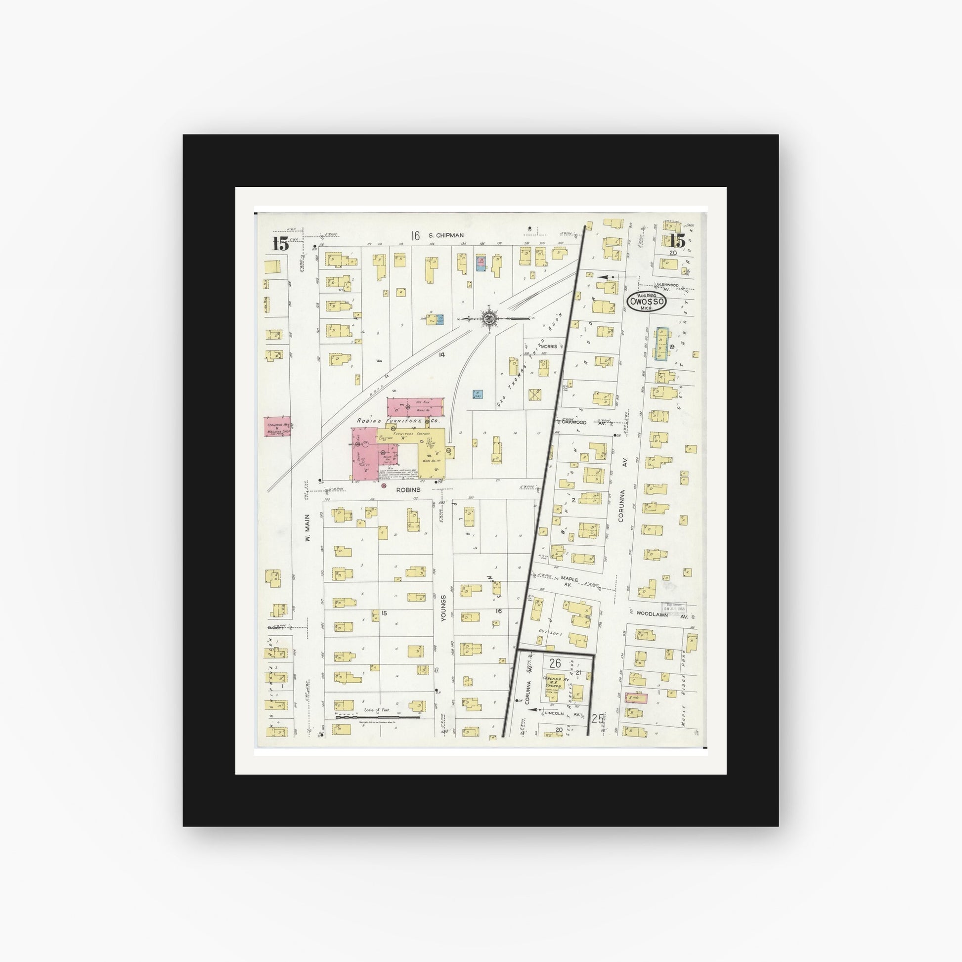 Old map wall art mockup — black gallery frame with white mat — Sanborn Fire Insurance Map from Owosso, Shiawassee County, Michigan (1924), Sheet #0015