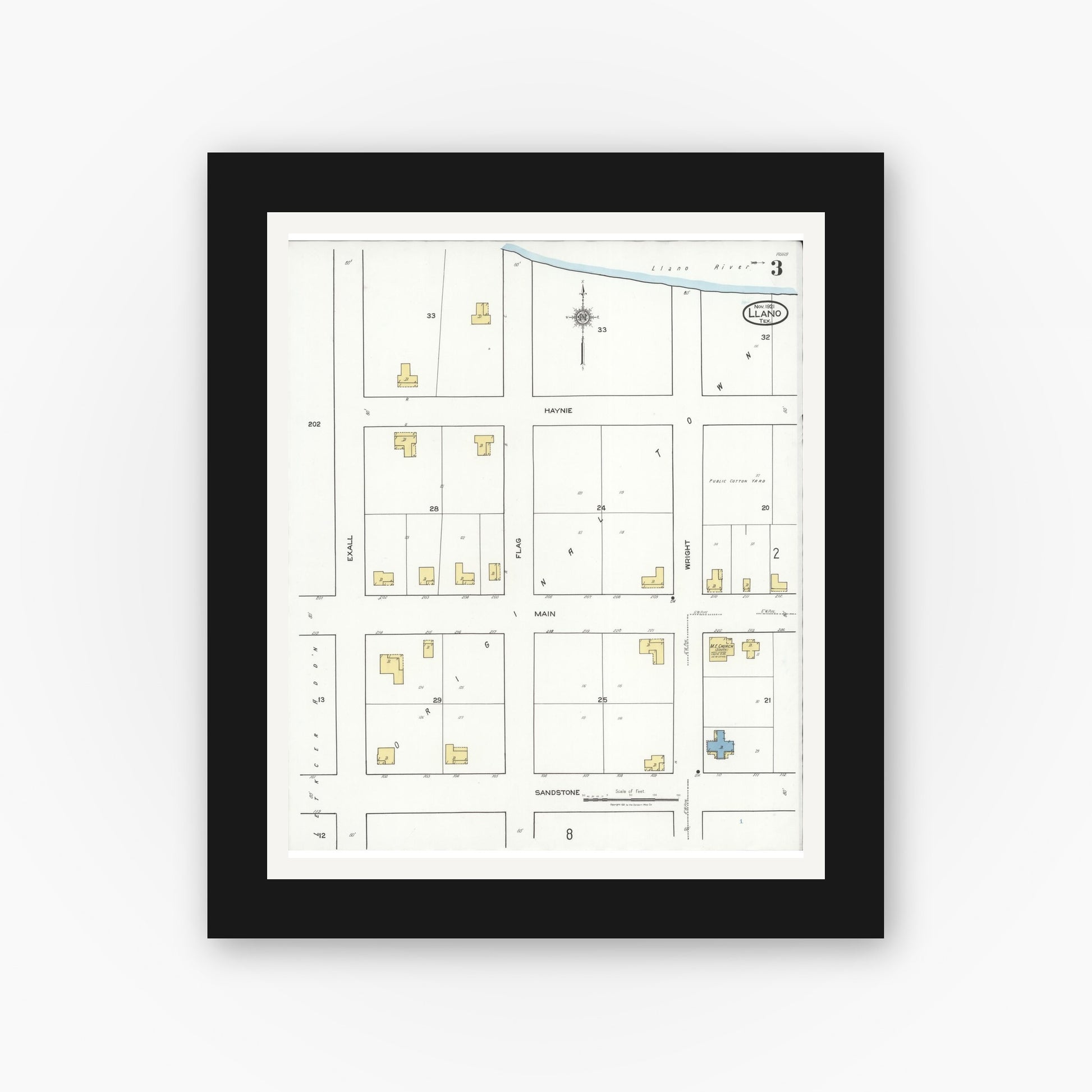 Old map wall art mockup — black gallery frame with white mat — Sanborn Fire Insurance Map from Llano, Llano County, Texas (1921), Sheet #0003