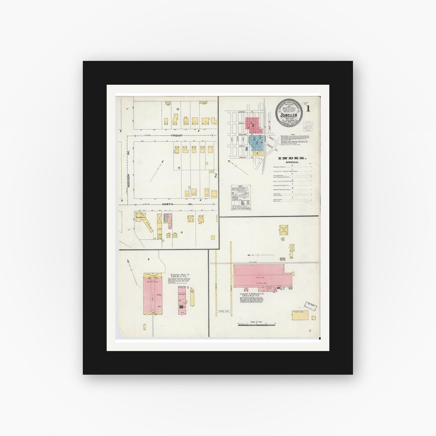 Old map wall art mockup — black gallery frame with white mat — Sanborn Fire Insurance Map from Dunellen, Middlesex County, New Jersey (1905), Sheet #0001