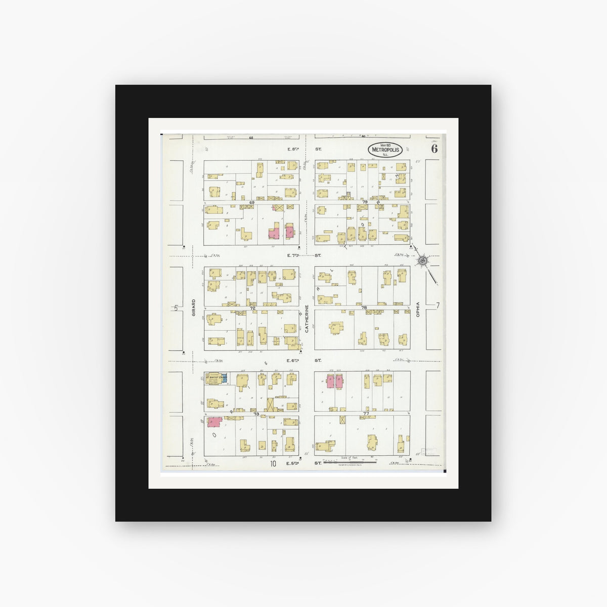 Old map wall art mockup — black gallery frame with white mat — Sanborn Fire Insurance Map from Metropolis, Massac County, Illinois (1921), Sheet #0006