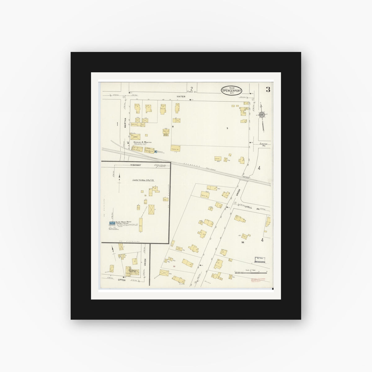 Old map wall art mockup — black gallery frame with white mat — Sanborn Fire Insurance Map from Spencerport, Monroe County, New York (1911), Sheet #0003