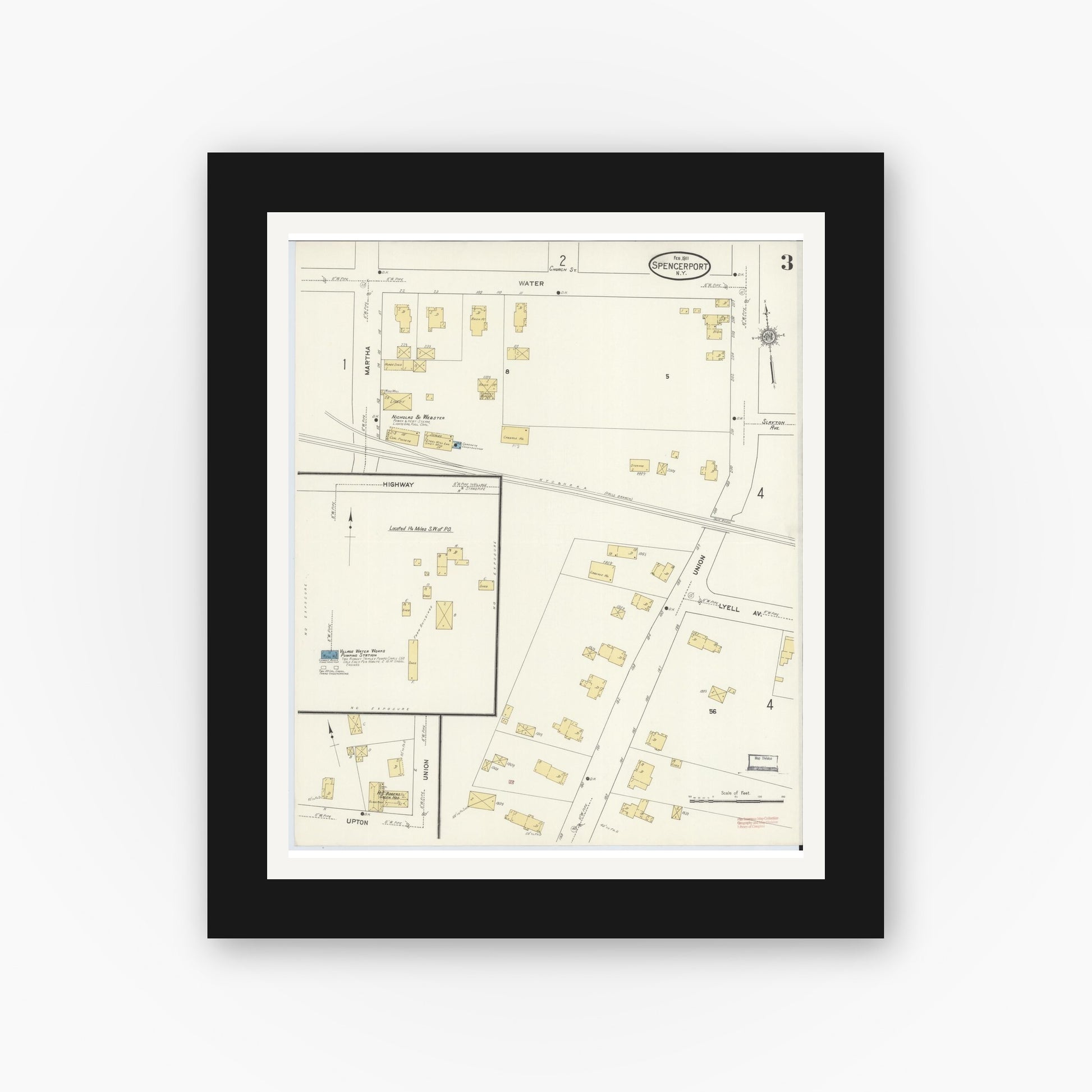 Old map wall art mockup — black gallery frame with white mat — Sanborn Fire Insurance Map from Spencerport, Monroe County, New York (1911), Sheet #0003
