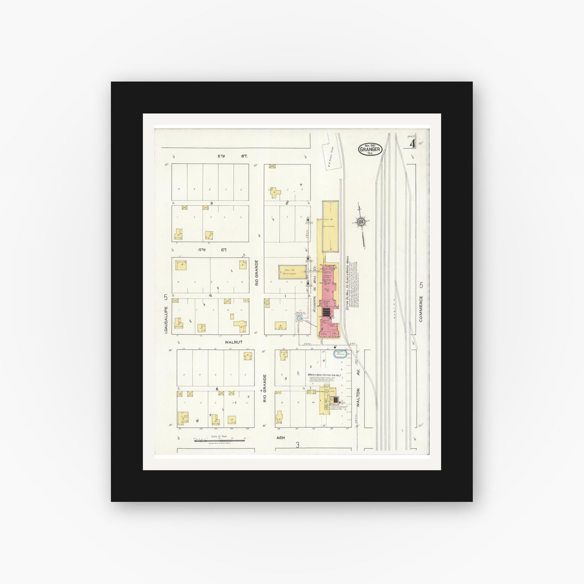 Old map wall art mockup — black gallery frame with white mat — Sanborn Fire Insurance Map from Granger, Williamson County, Texas (1921), Sheet #0004