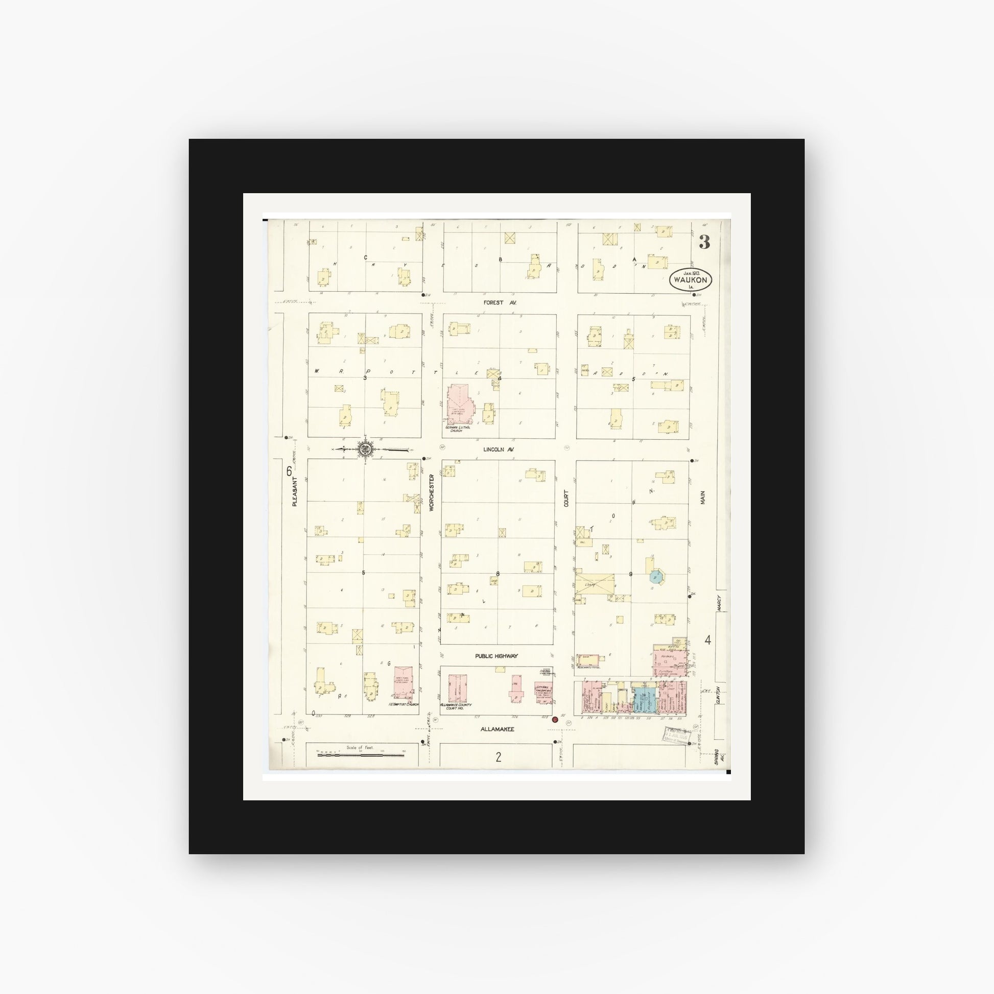 Old map wall art mockup — black gallery frame with white mat — Sanborn Fire Insurance Map from Waukon, Allamakee County, Iowa (1913), Sheet #0003