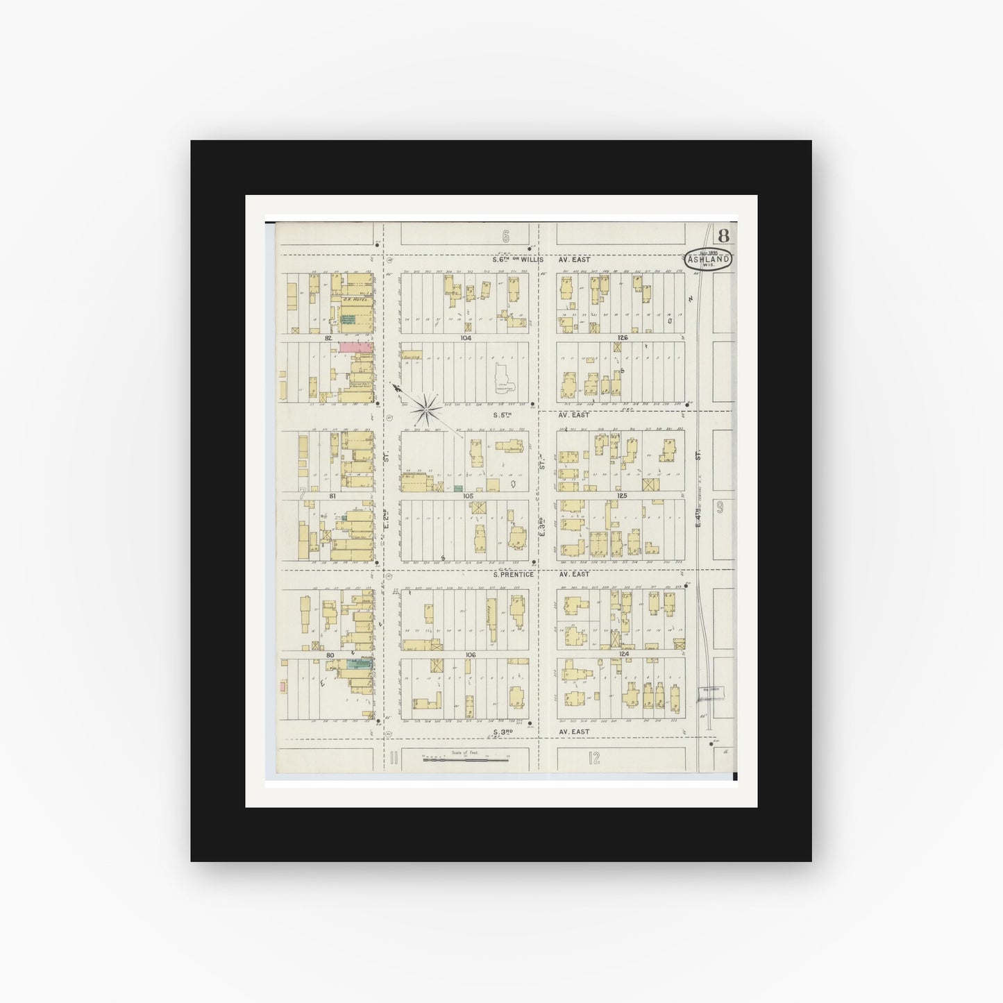Old map wall art mockup — black gallery frame with white mat — Sanborn Fire Insurance Map from Ashland, Ashland County, Wisconsin (1895), Sheet #0008