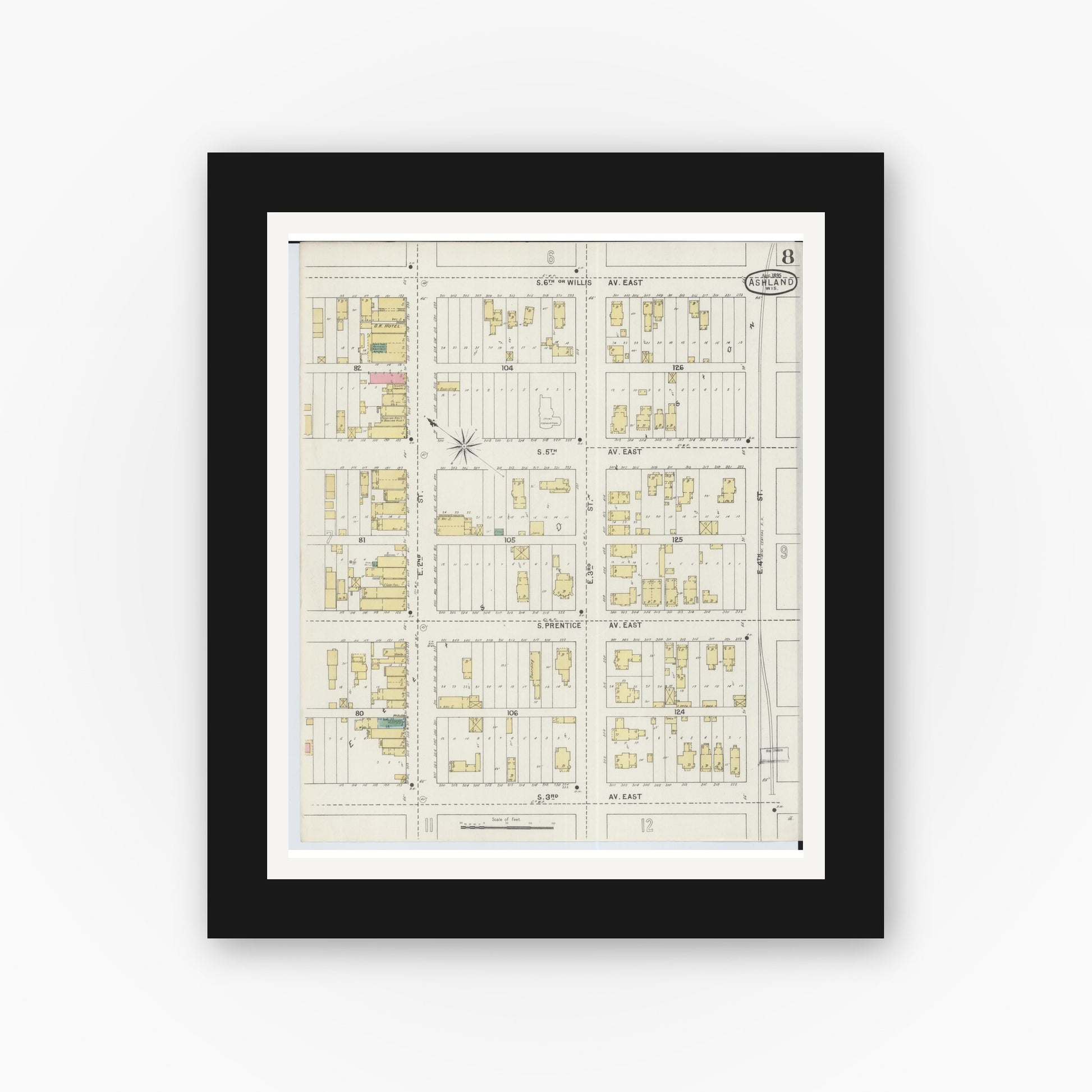 Old map wall art mockup — black gallery frame with white mat — Sanborn Fire Insurance Map from Ashland, Ashland County, Wisconsin (1895), Sheet #0008