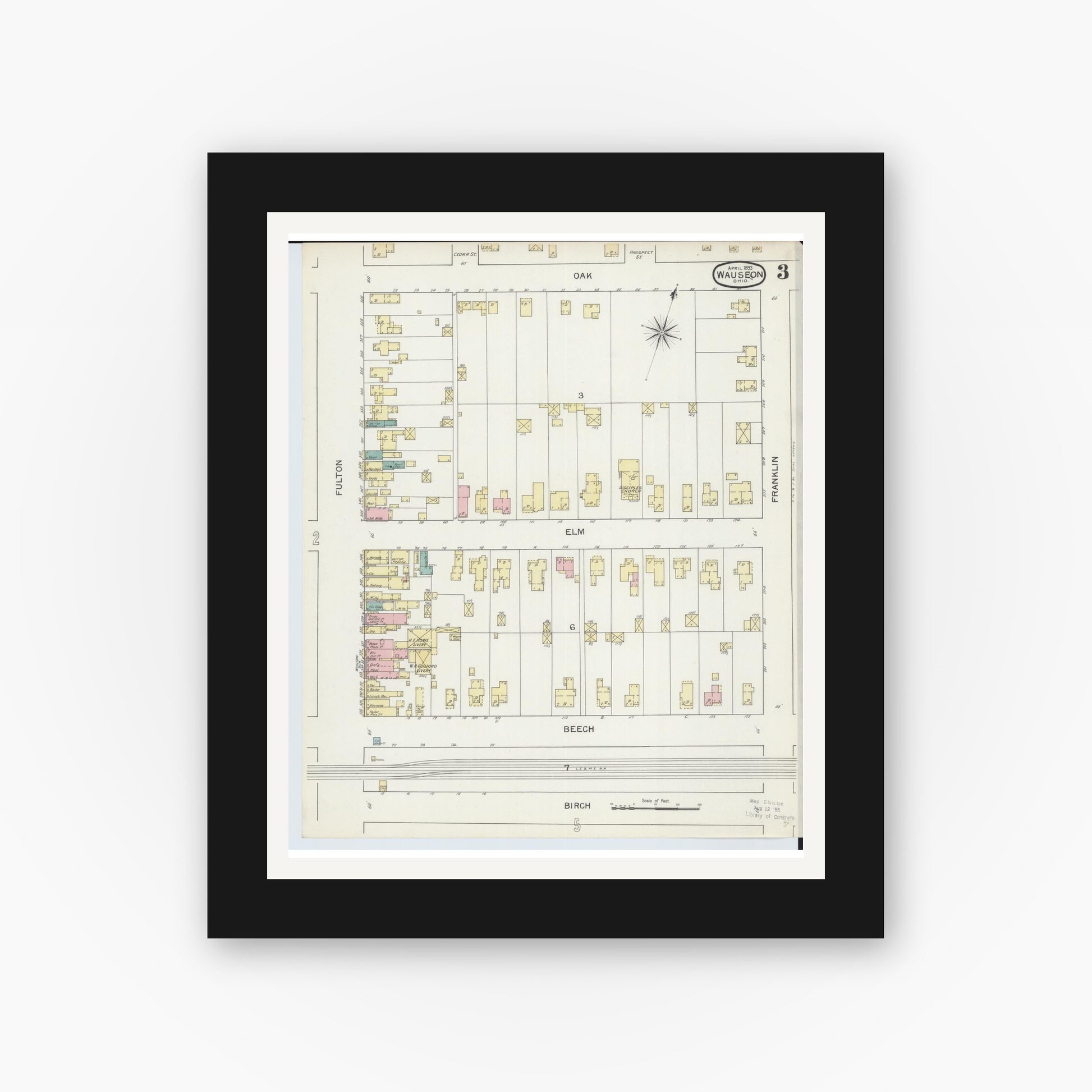 Old map wall art mockup — black gallery frame with white mat — Sanborn Fire Insurance Map from Wauseon, Fulton County, Ohio (1893), Sheet #0003