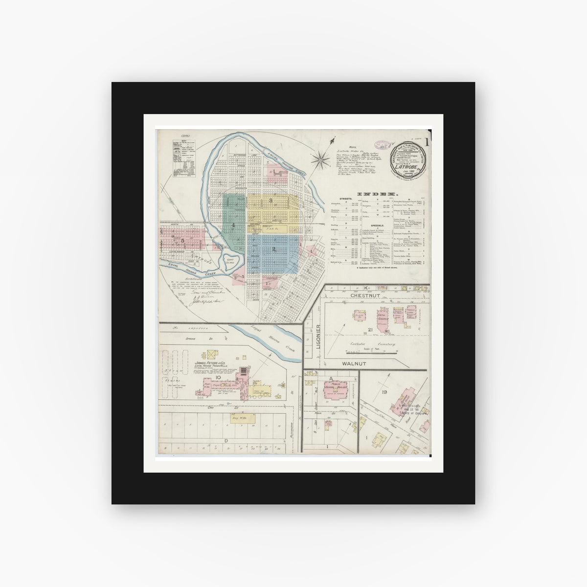 Old map wall art mockup — black gallery frame with white mat — Sanborn Fire Insurance Map from Latrobe, Westmoreland County, Pennsylvania (1887) - Complete Map Set
