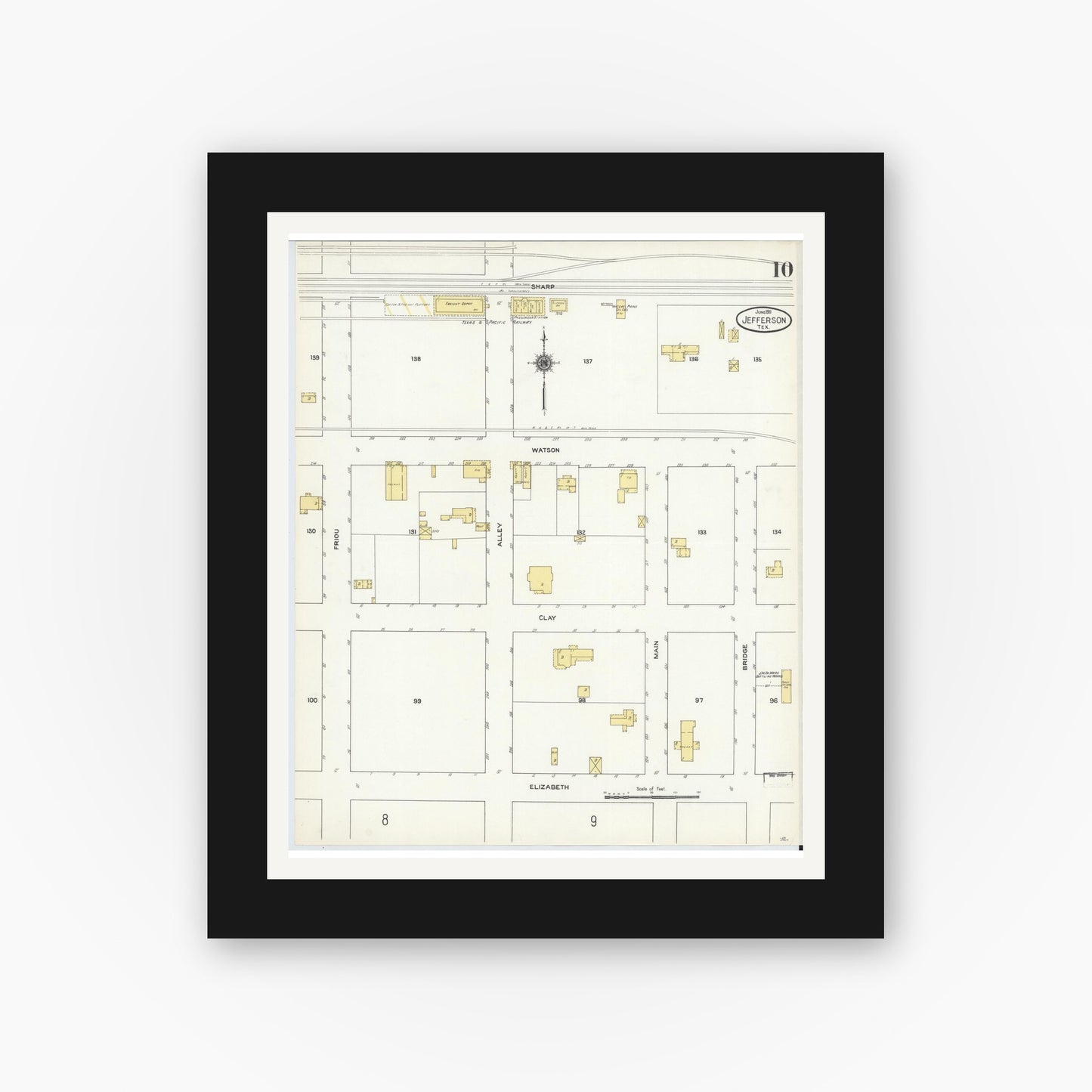 Old map wall art mockup — black gallery frame with white mat — Sanborn Fire Insurance Map from Jefferson, Marion County, Texas (1911), Sheet #0010