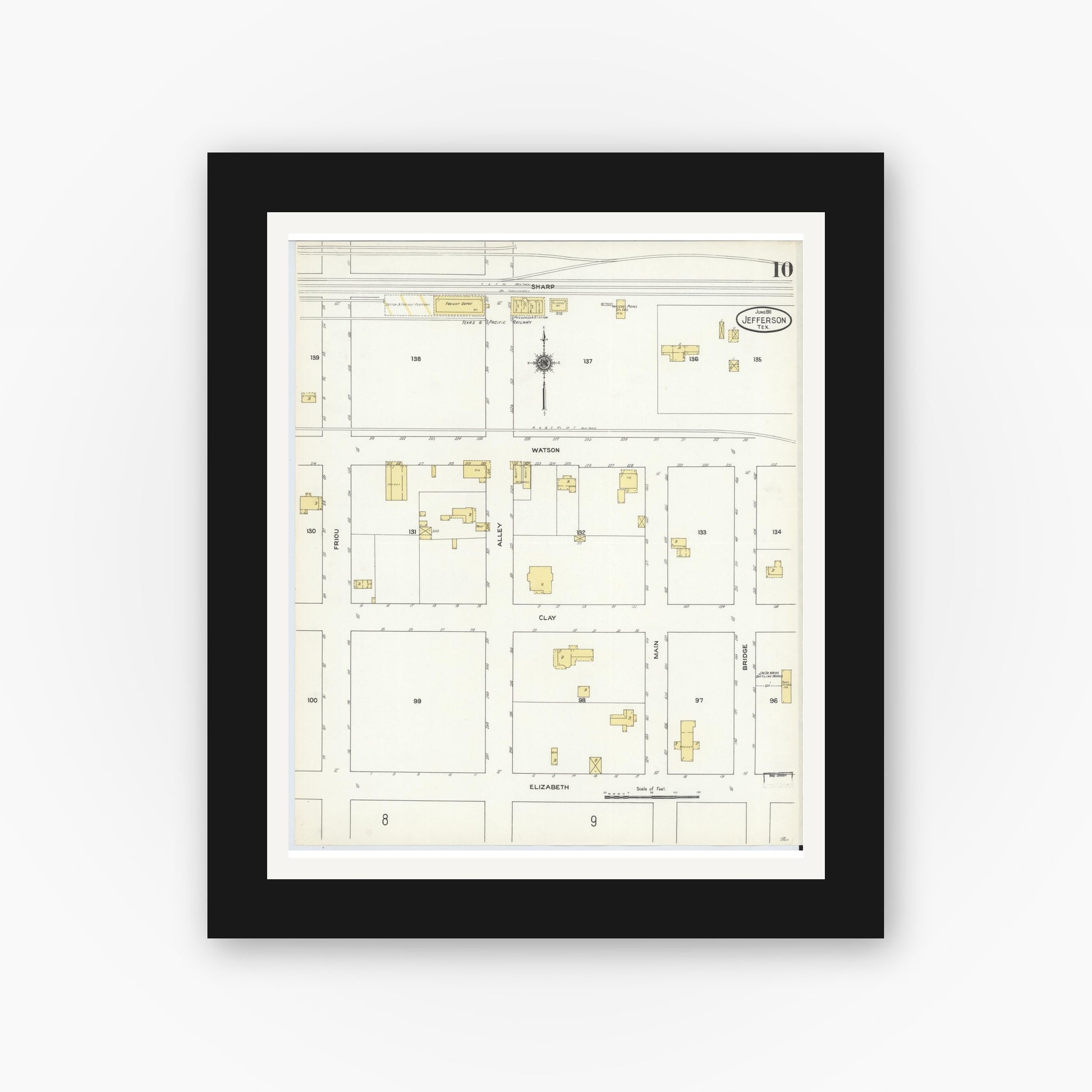 Old map wall art mockup — black gallery frame with white mat — Sanborn Fire Insurance Map from Jefferson, Marion County, Texas (1911), Sheet #0010