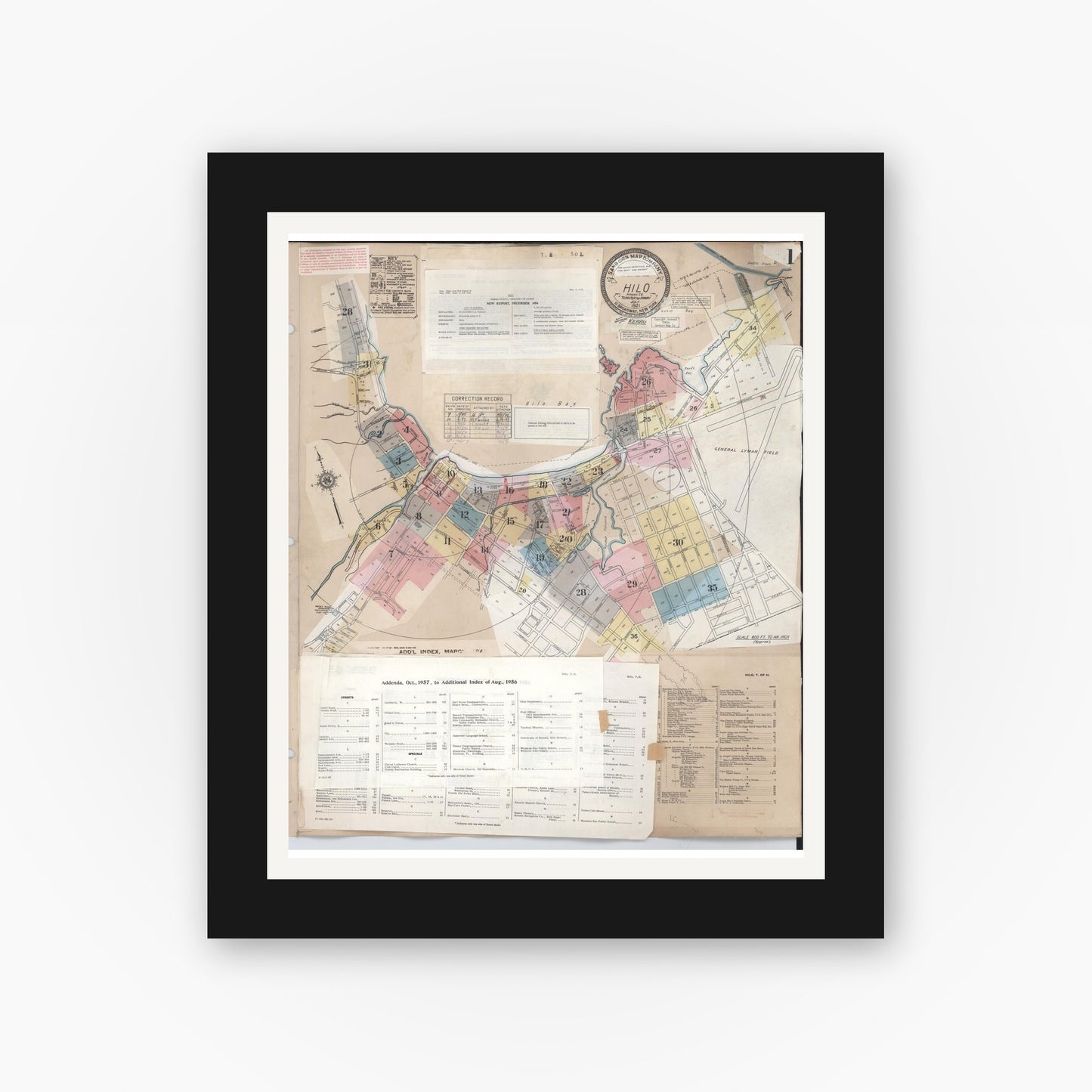 Old map wall art mockup — black gallery frame with white mat — Sanborn Fire Insurance Map from Hilo, Hawaii County, Hawaii (1957) — Complete Set