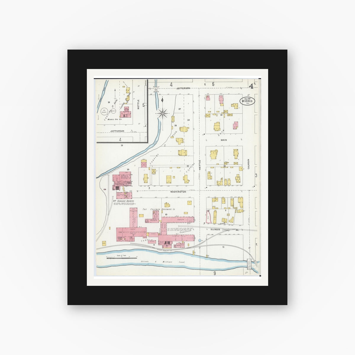 Old map wall art mockup — black gallery frame with white mat — Sanborn Fire Insurance Map from Morris, Grundy County, Illinois (1907), Sheet #0004