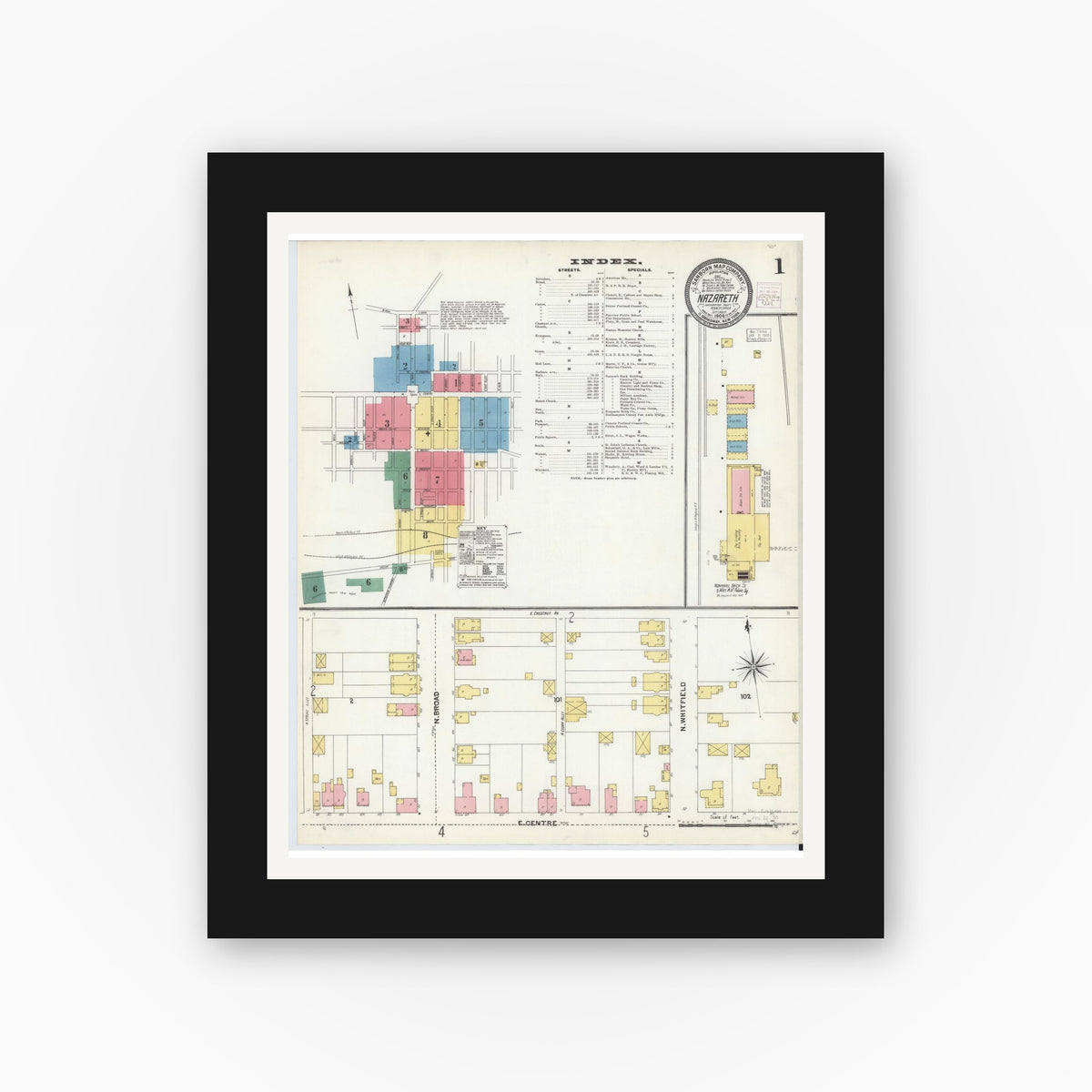 Old map wall art mockup — black gallery frame with white mat — Sanborn Fire Insurance Map from Nazareth, Northampton County, Pennsylvania (1904), Sheet #0001