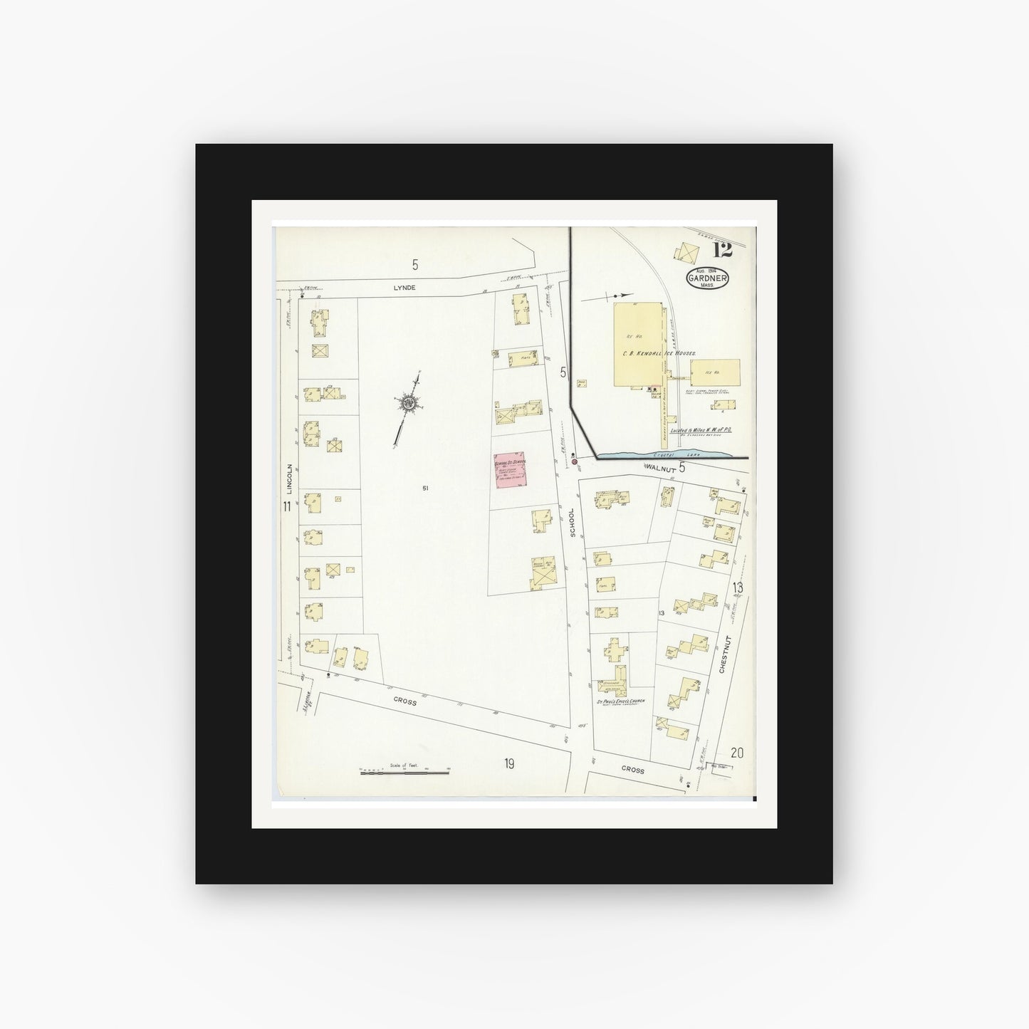 Old map wall art mockup — black gallery frame with white mat — Sanborn Fire Insurance Map from Gardner, Worcester County, Massachusetts (1914), Sheet #0012