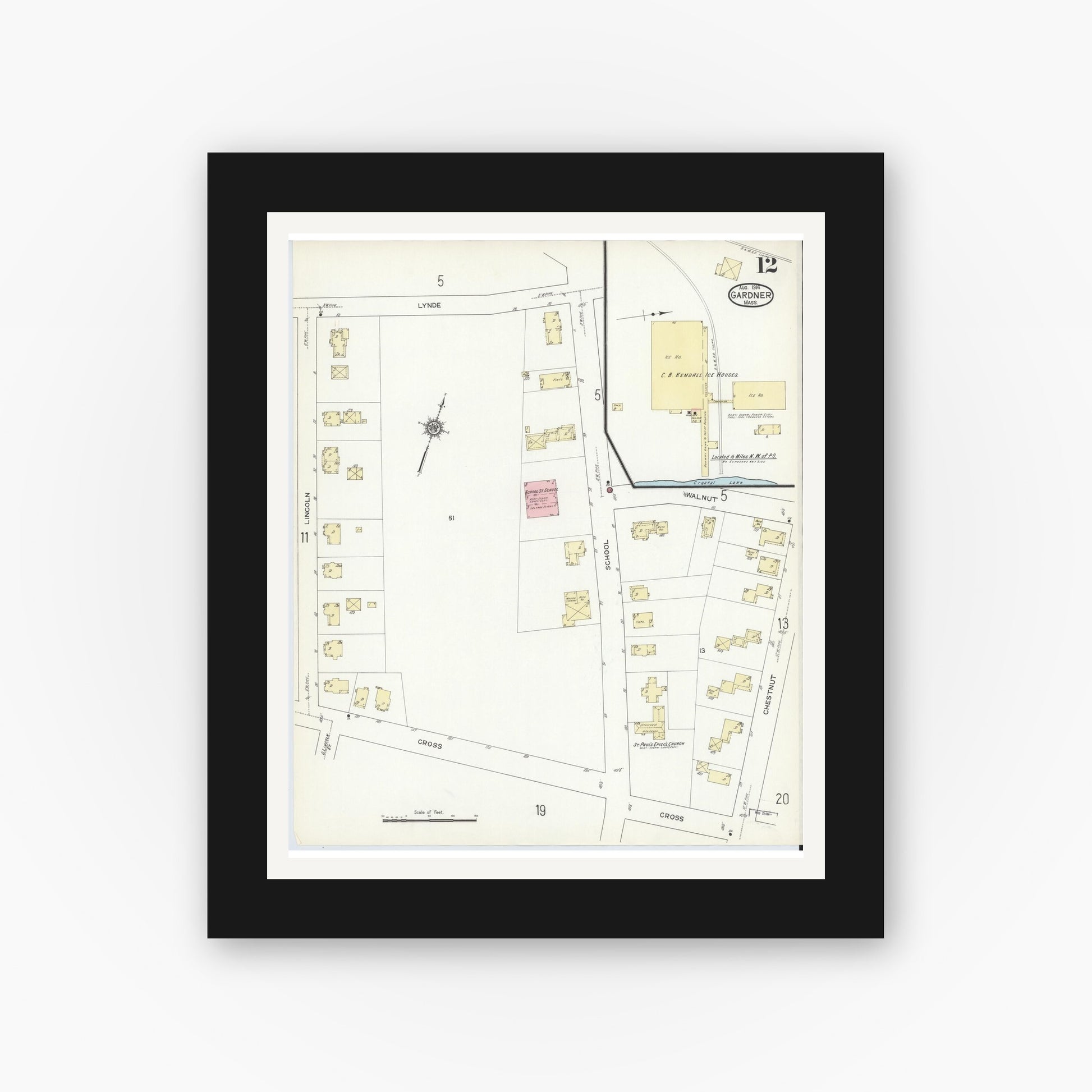 Old map wall art mockup — black gallery frame with white mat — Sanborn Fire Insurance Map from Gardner, Worcester County, Massachusetts (1914), Sheet #0012