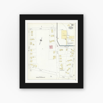 Old map wall art mockup — black gallery frame with white mat — Sanborn Fire Insurance Map from Gardner, Worcester County, Massachusetts (1914), Sheet #0012