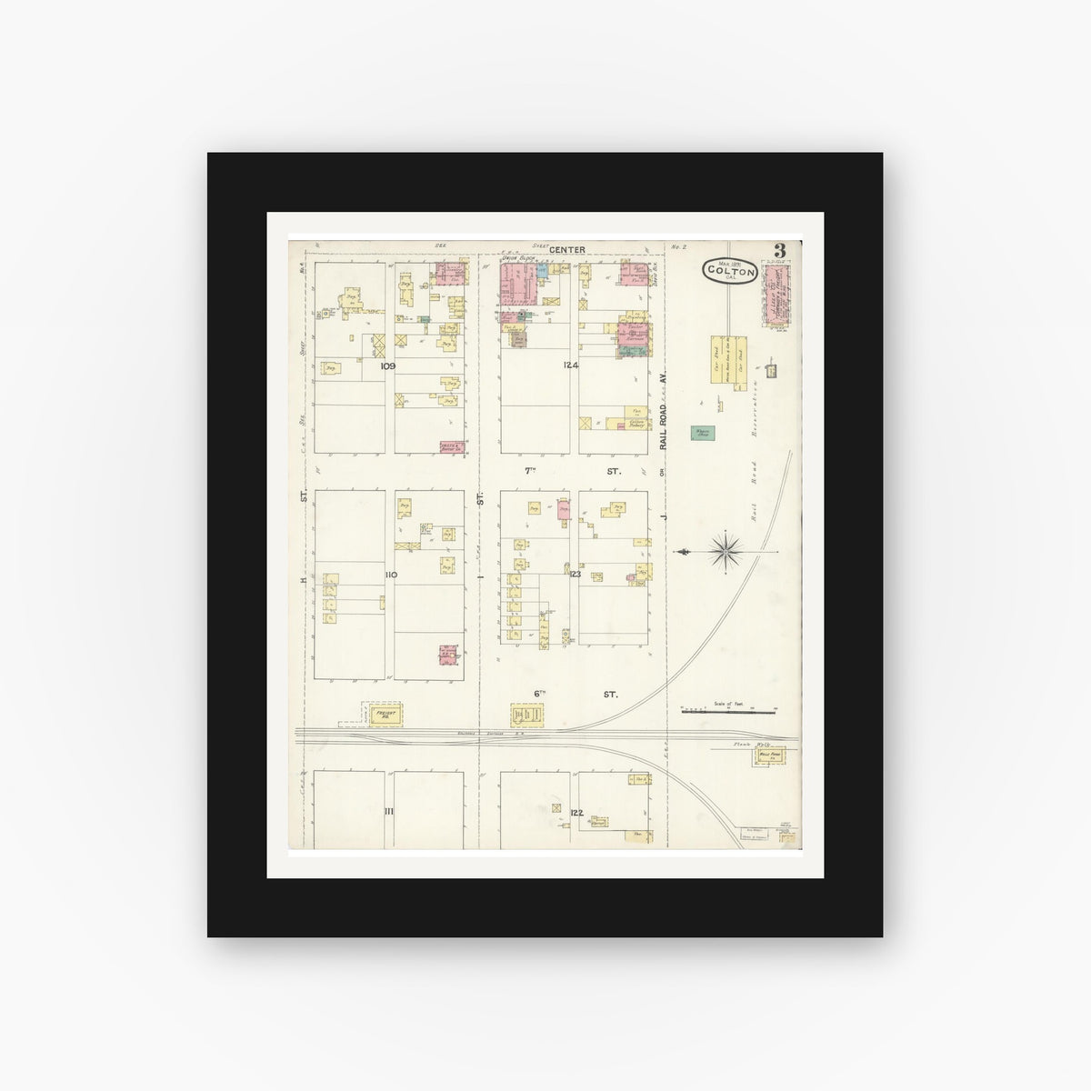 Old map wall art mockup — black gallery frame with white mat — Sanborn Fire Insurance Map from Colton, San Bernardino County, California (1891), Sheet #0003