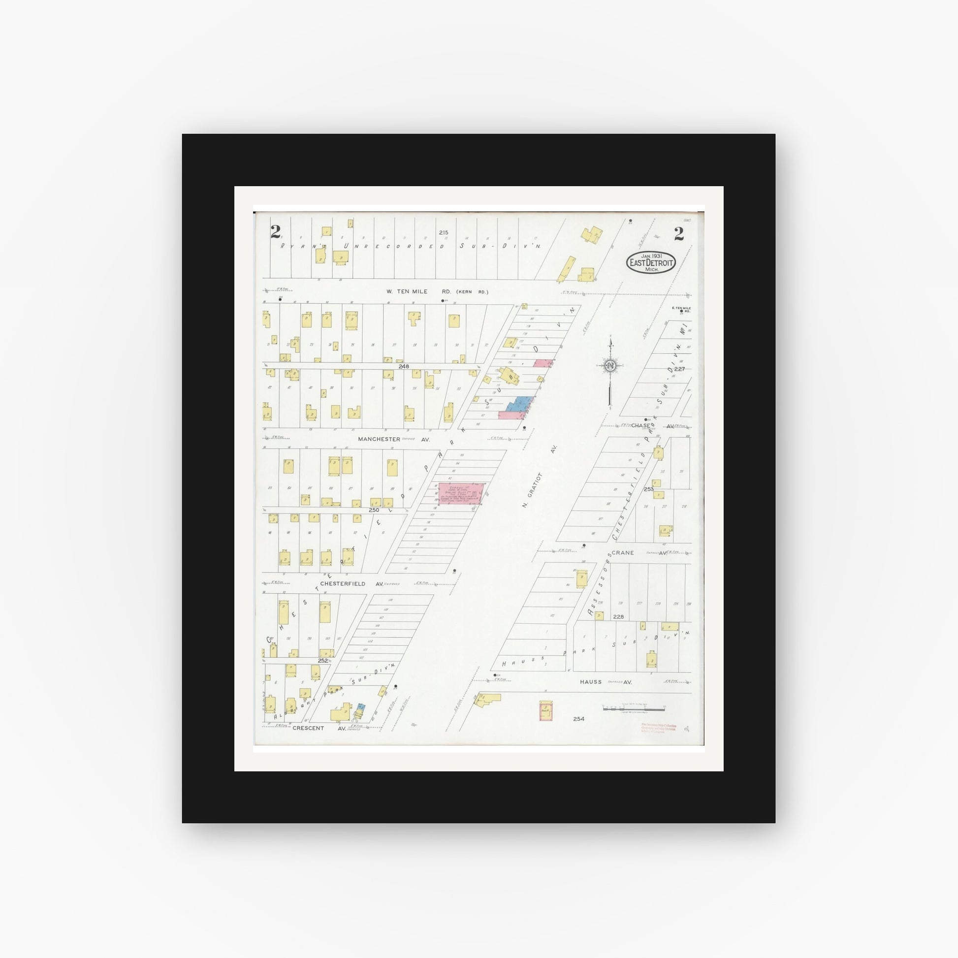 Old map wall art mockup — black gallery frame with white mat — Sanborn Fire Insurance Map from East Detroit, Macomb County, Michigan (1931), Sheet #0002