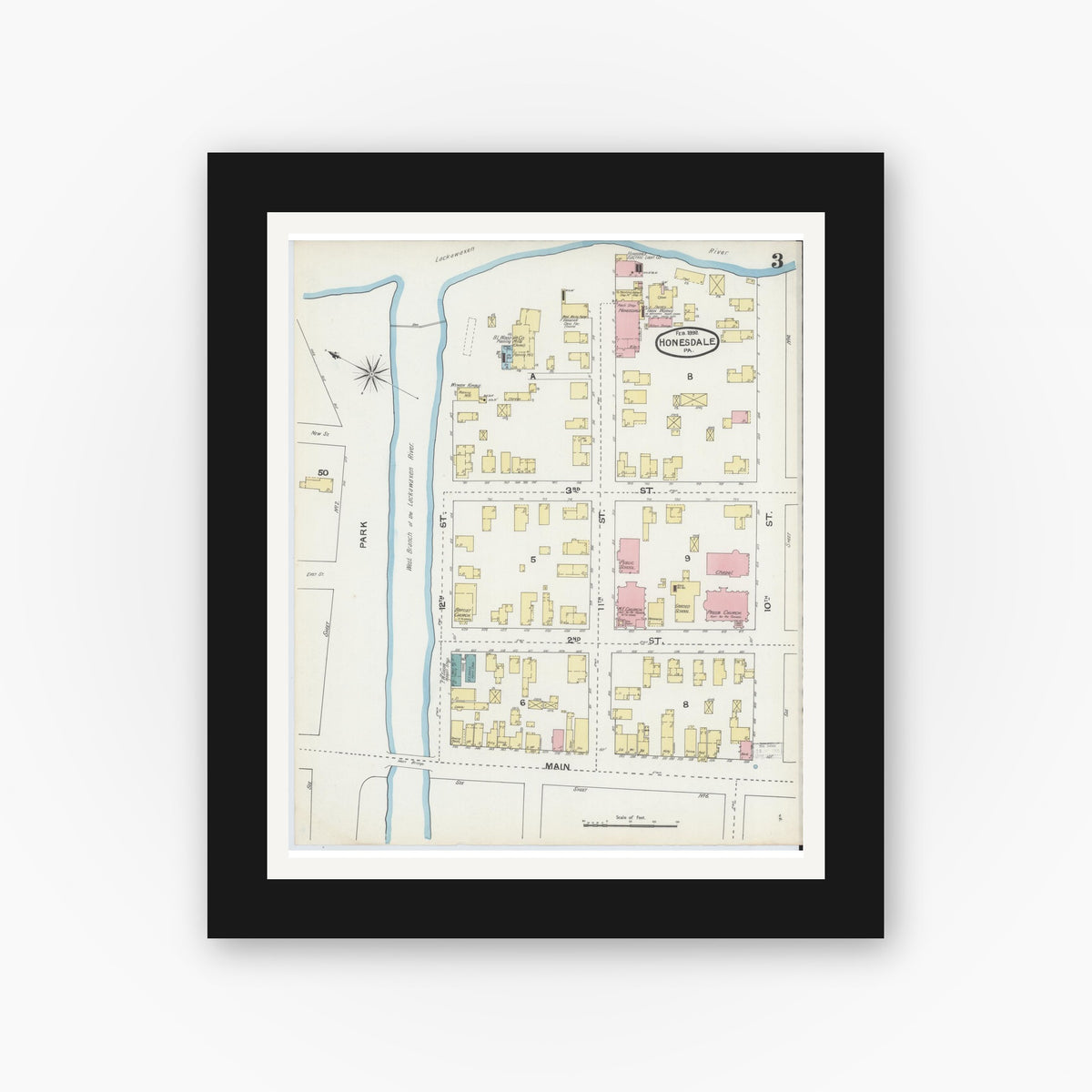 Old map wall art mockup — black gallery frame with white mat — Sanborn Fire Insurance Map from Honesdale, Wayne County, Pennsylvania (1892), Sheet #0003