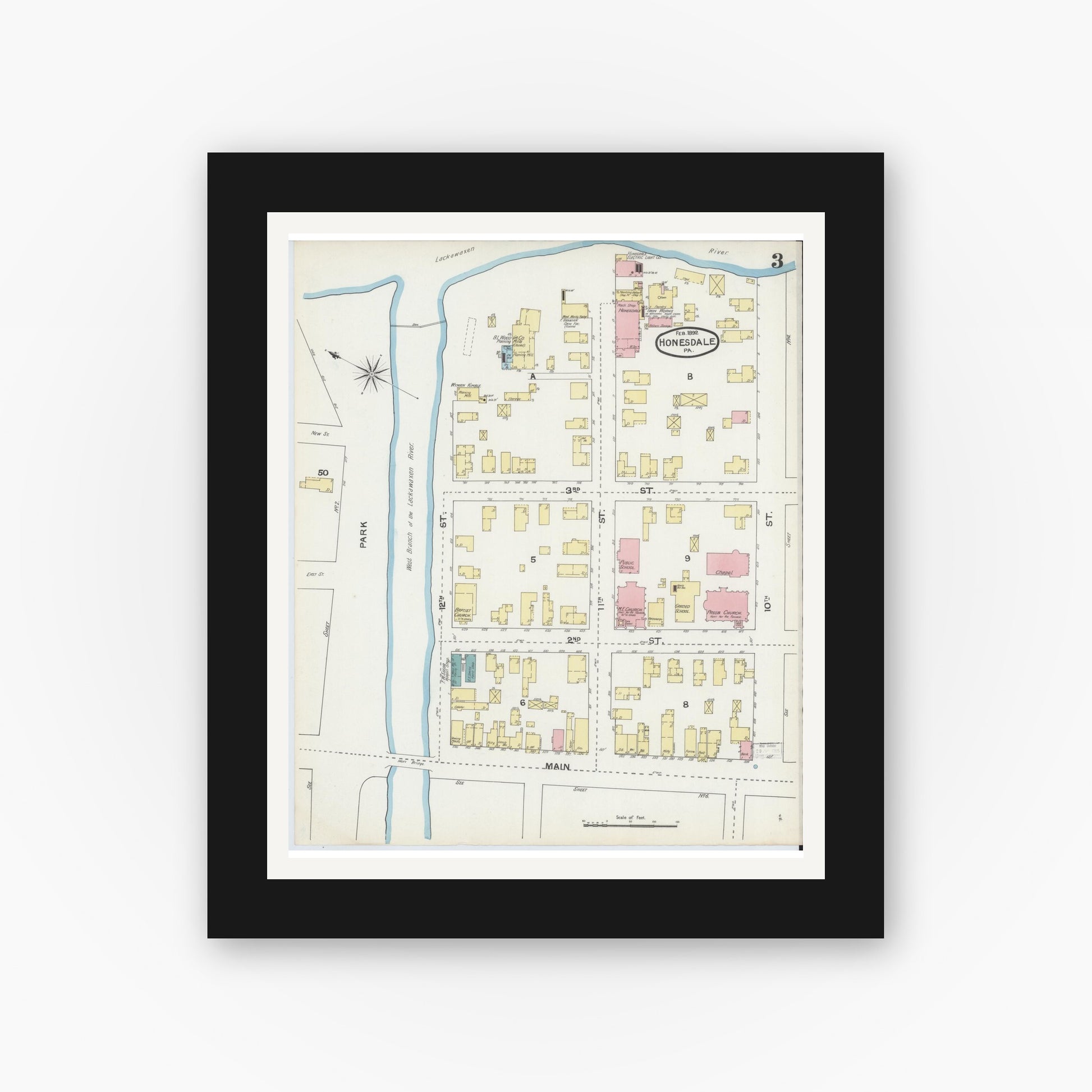 Old map wall art mockup — black gallery frame with white mat — Sanborn Fire Insurance Map from Honesdale, Wayne County, Pennsylvania (1892), Sheet #0003