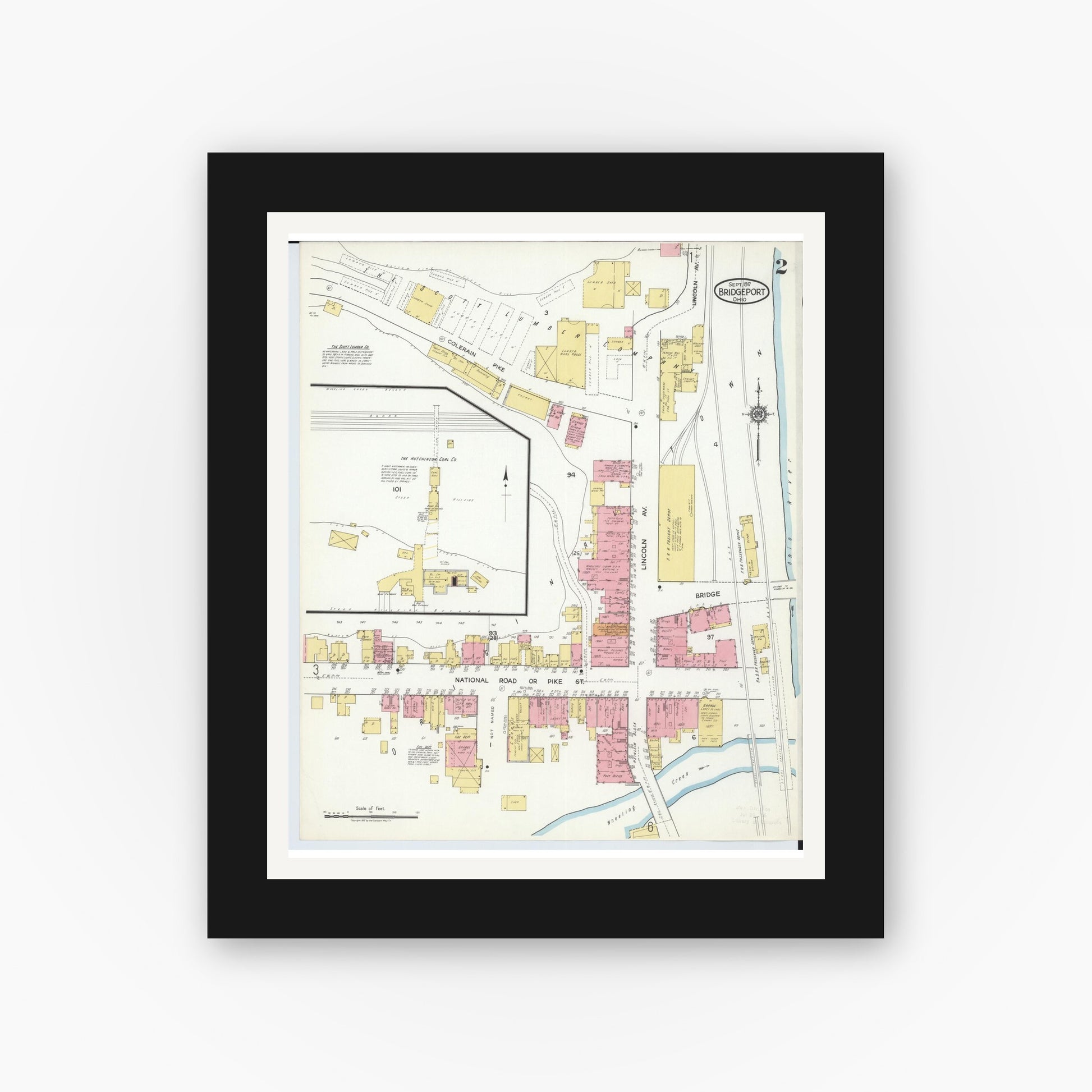 Old map wall art mockup — black gallery frame with white mat — Sanborn Fire Insurance Map from Bridgeport, Belmont County, Ohio (1917), Sheet #0002