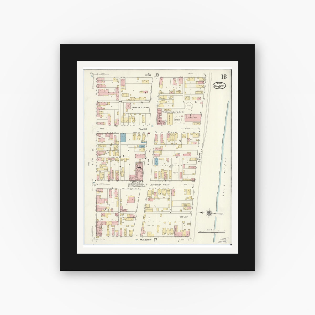 Old map wall art mockup — black gallery frame with white mat — Sanborn Fire Insurance Map from Madison, Jefferson County, Indiana (1911), Sheet #0018