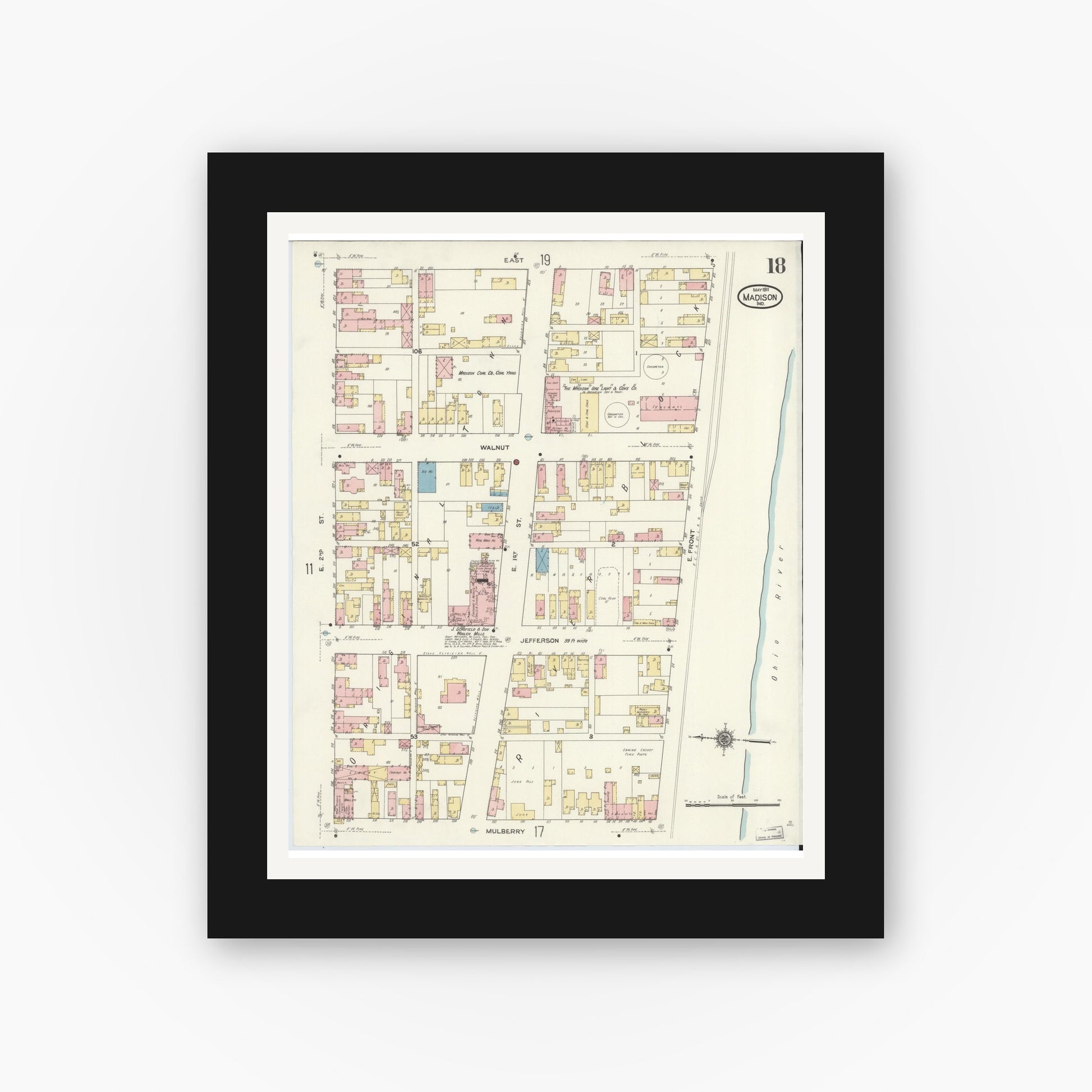 Old map wall art mockup — black gallery frame with white mat — Sanborn Fire Insurance Map from Madison, Jefferson County, Indiana (1911), Sheet #0018