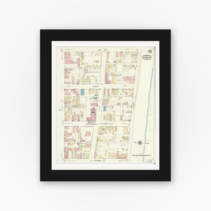 Old map wall art mockup — black gallery frame with white mat — Sanborn Fire Insurance Map from Madison, Jefferson County, Indiana (1911), Sheet #0018