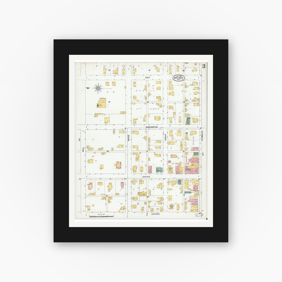 Old map wall art mockup — black gallery frame with white mat — Sanborn Fire Insurance Map from Bremen, Marshall County, Indiana (1905), Sheet #0003