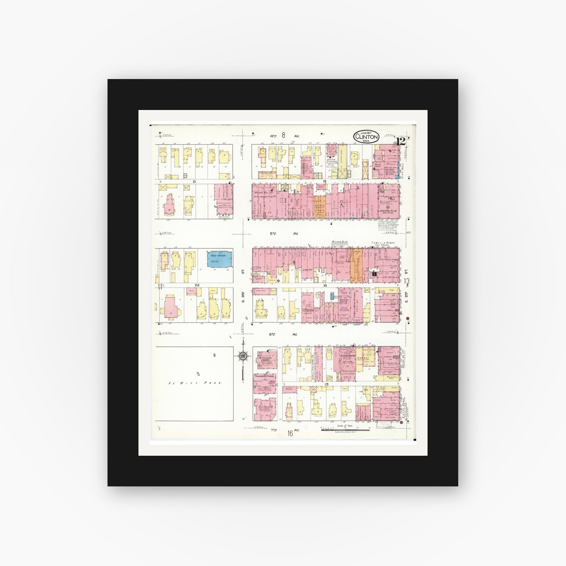 Old map wall art mockup — black gallery frame with white mat — Sanborn Fire Insurance Map from Clinton, Clinton County, Iowa (1917), Sheet #0012