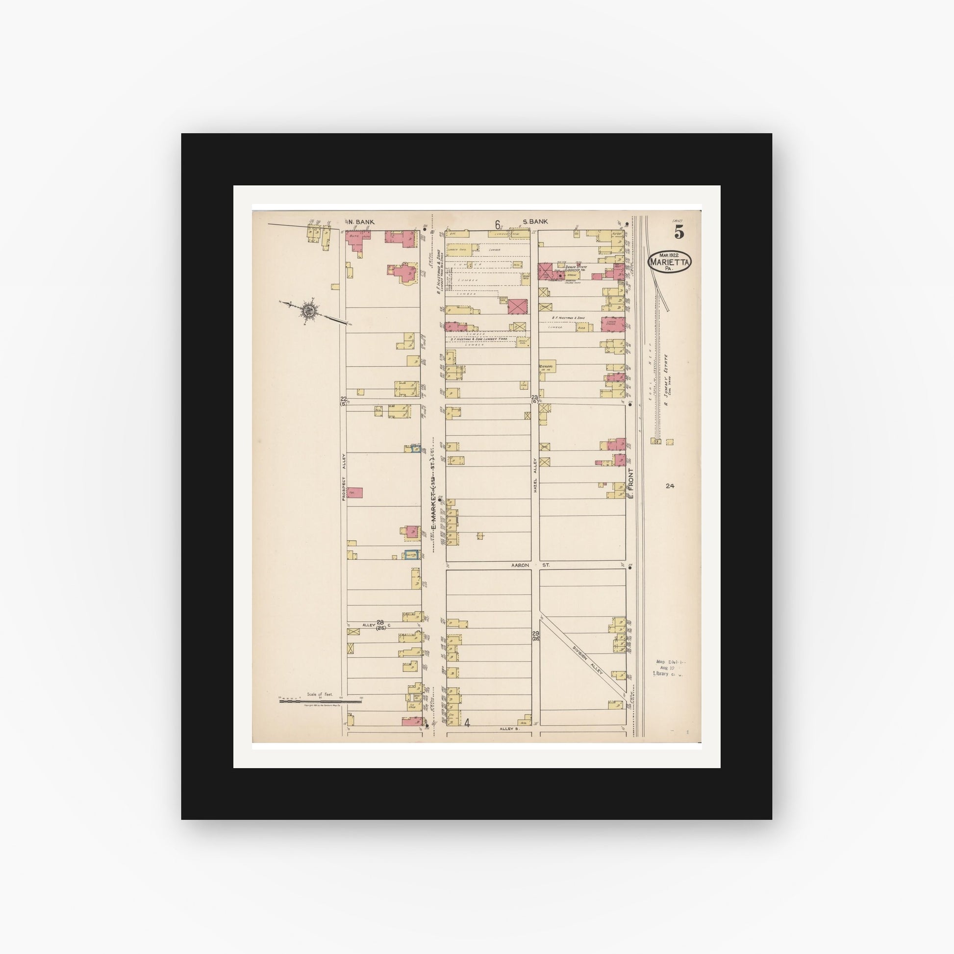 Old map wall art mockup — black gallery frame with white mat — Sanborn Fire Insurance Map from Marietta, Lancaster County, Pennsylvania (1922), Sheet #0005