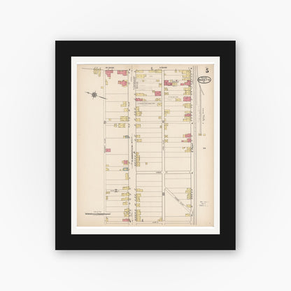 Old map wall art mockup — black gallery frame with white mat — Sanborn Fire Insurance Map from Marietta, Lancaster County, Pennsylvania (1922), Sheet #0005