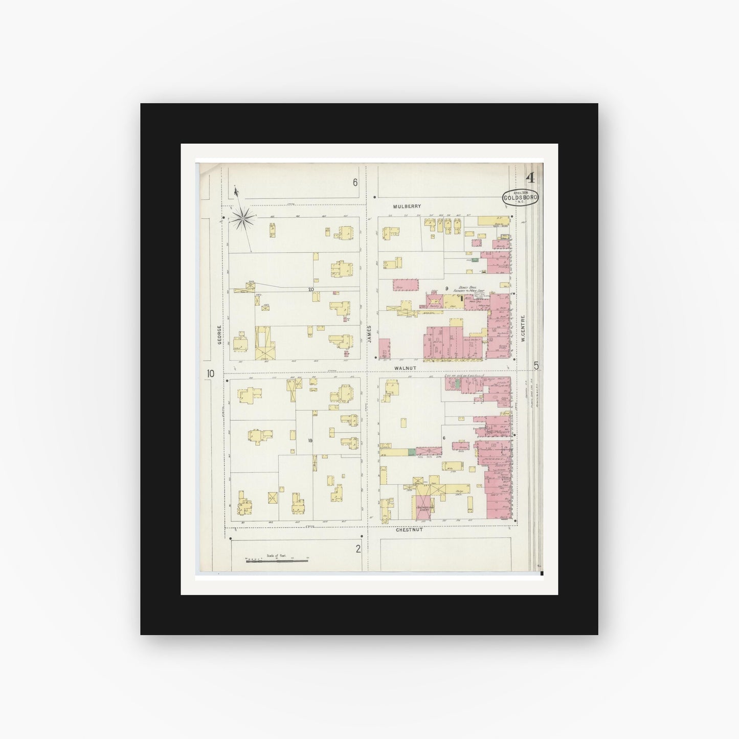 Old map wall art mockup — black gallery frame with white mat — Sanborn Fire Insurance Map from Goldsboro, Wayne County, North Carolina (1896), Sheet #0004