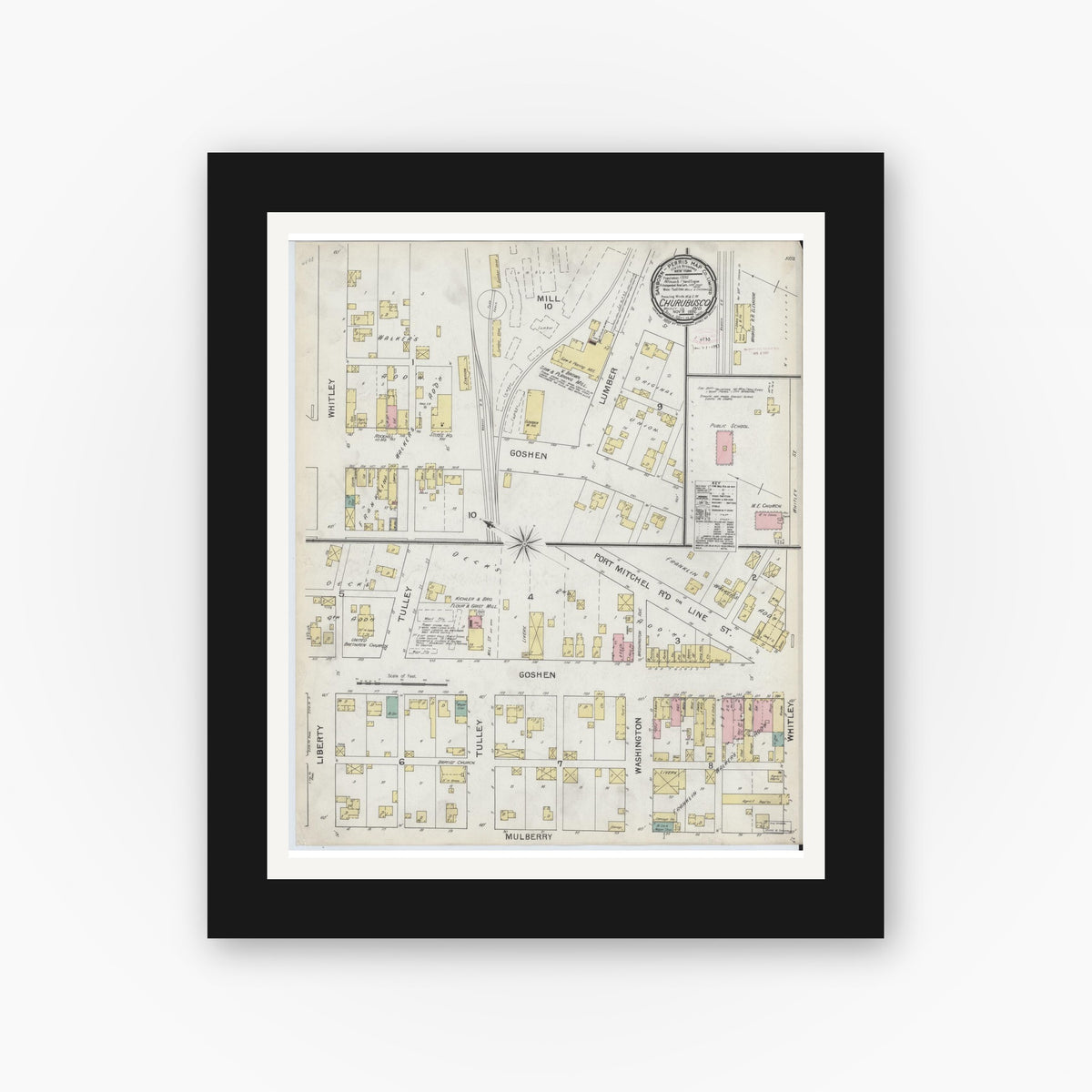 Old map wall art mockup — black gallery frame with white mat — Sanborn Fire Insurance Map from Churubusco, Whitley County, Indiana (1892), Sheet #0001
