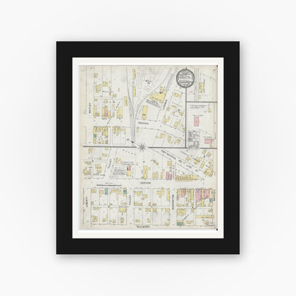Old map wall art mockup — black gallery frame with white mat — Sanborn Fire Insurance Map from Churubusco, Whitley County, Indiana (1892), Sheet #0001